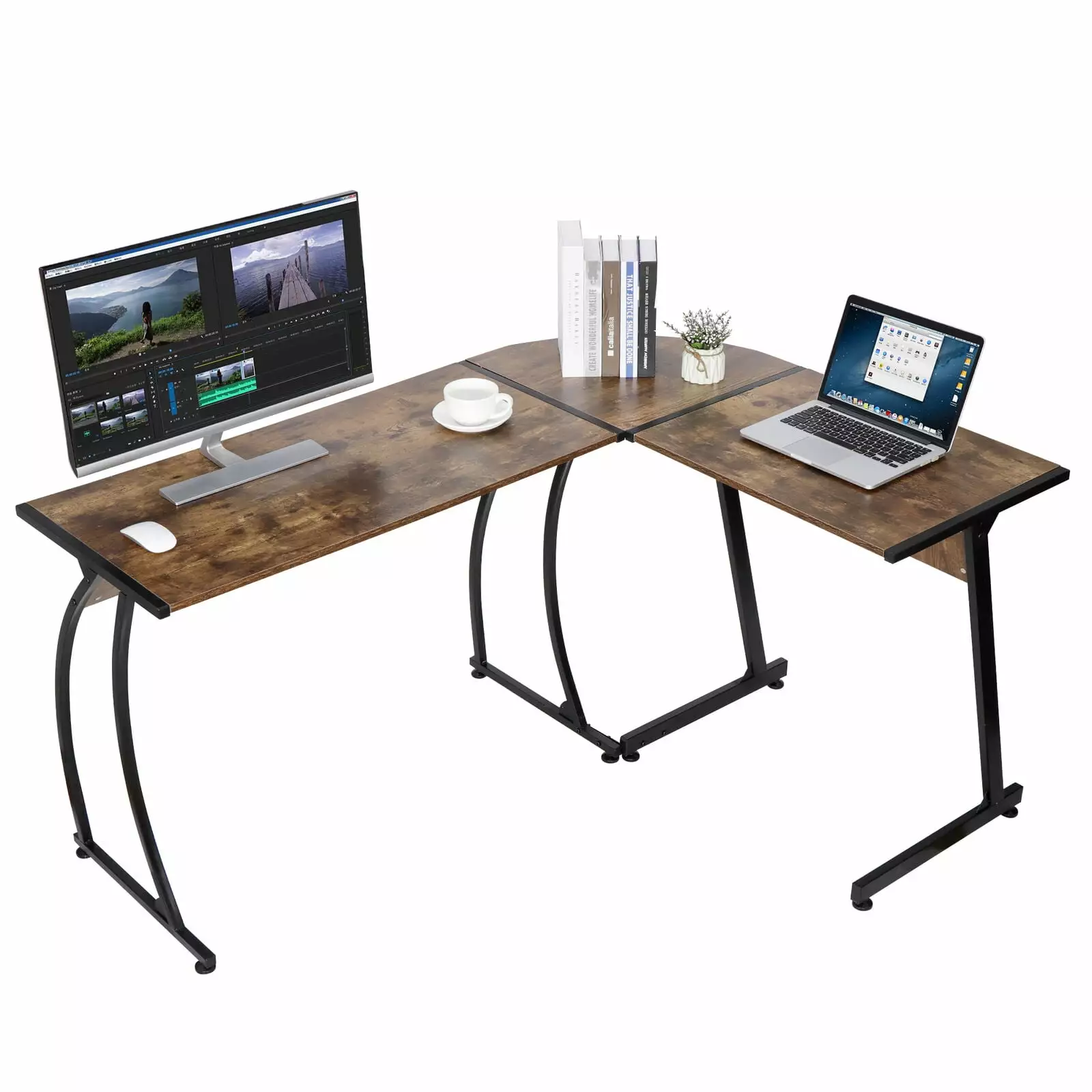 L Shaped Brown Corner Computer Gaming Laptop Table Workstation Desk Bedroom N/A