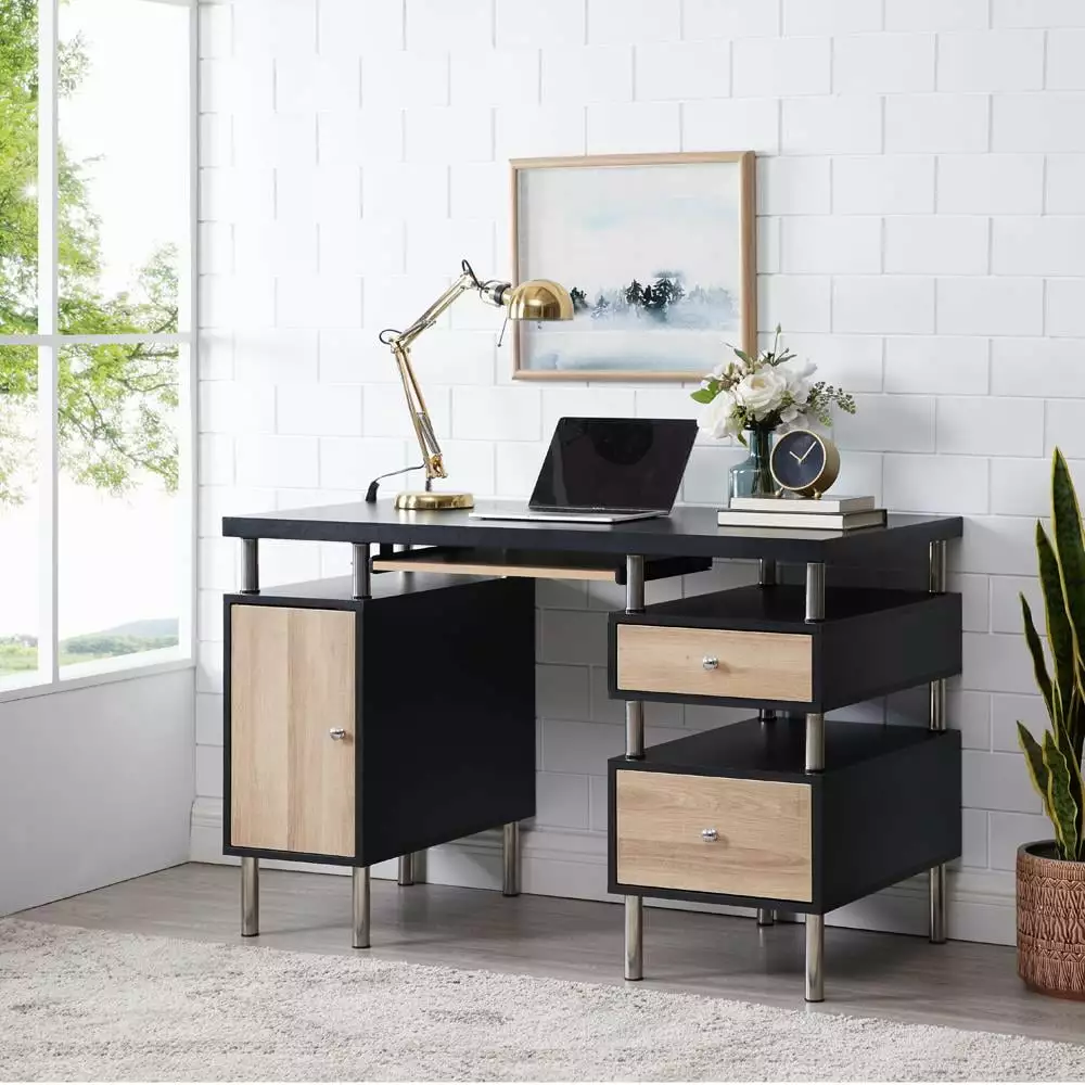 Elani 2-Drawer File Cabinet Two-Tone Desk Keyboard Tray Power Outlets USB Ports Charging Station Metal Legs 47.2 Computer ...