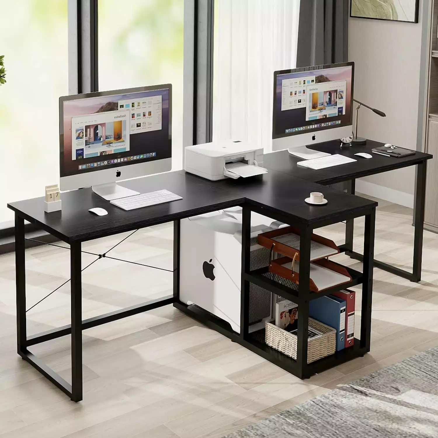 Natwind Two Person Desk Storage Shelves 92.5 Inch Double Computer Desk PC Stand