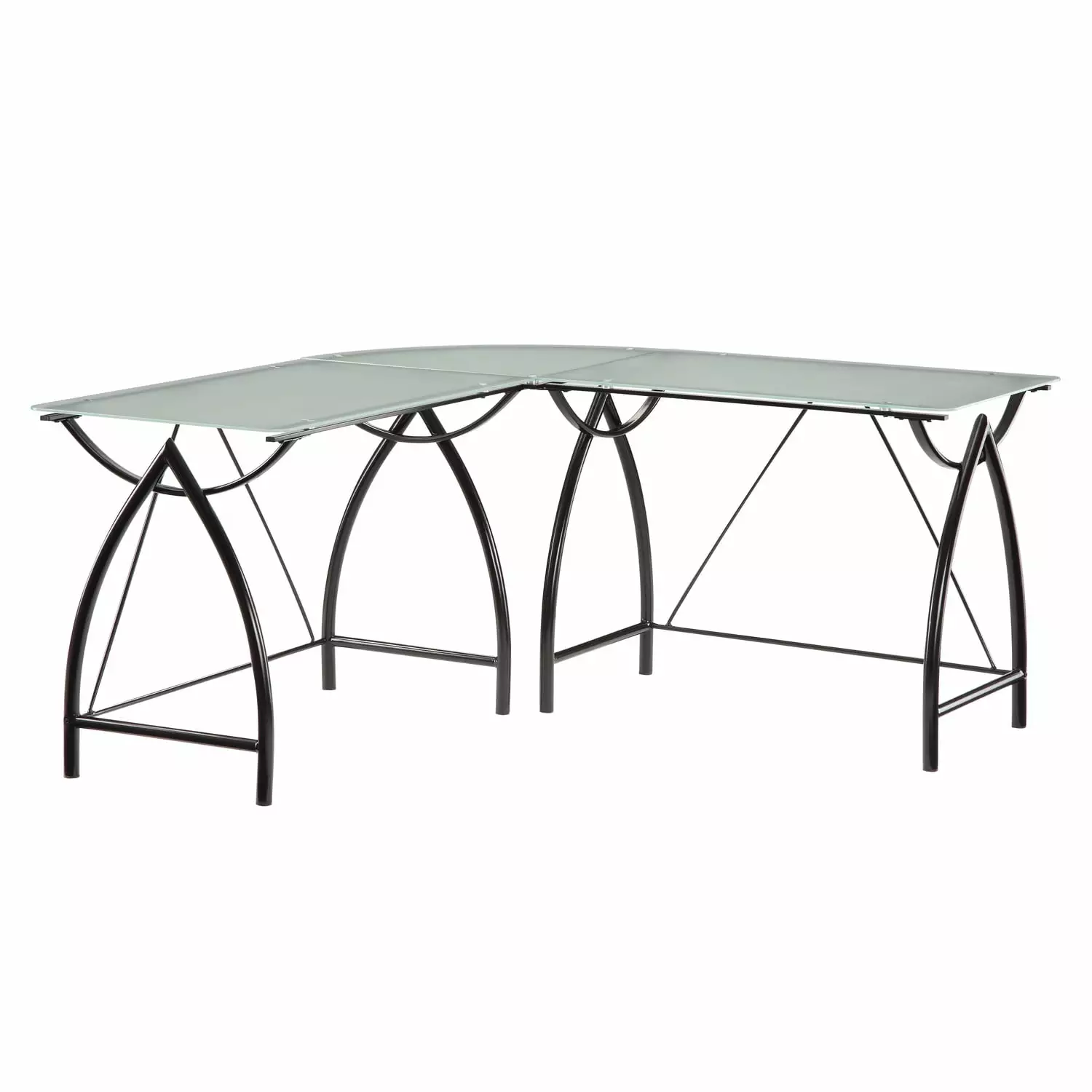 Newport L Shape Glass Top Computer Desk Black Powder Coated Steel Frame Office Star Products