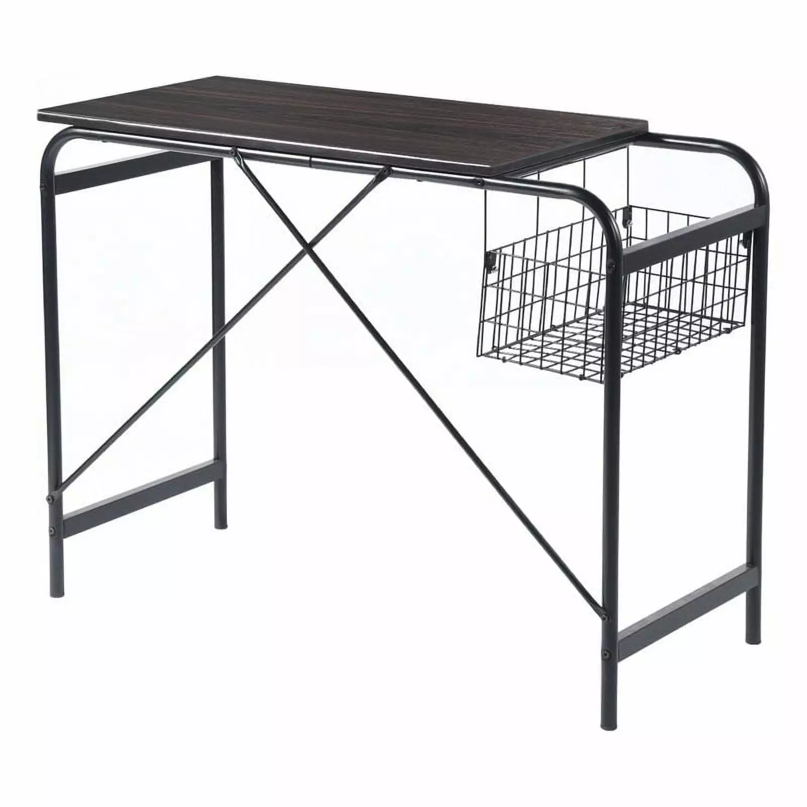 Pemberly Row 17.7 Inches Walnut Black Computer Desk Wire Storage Basket