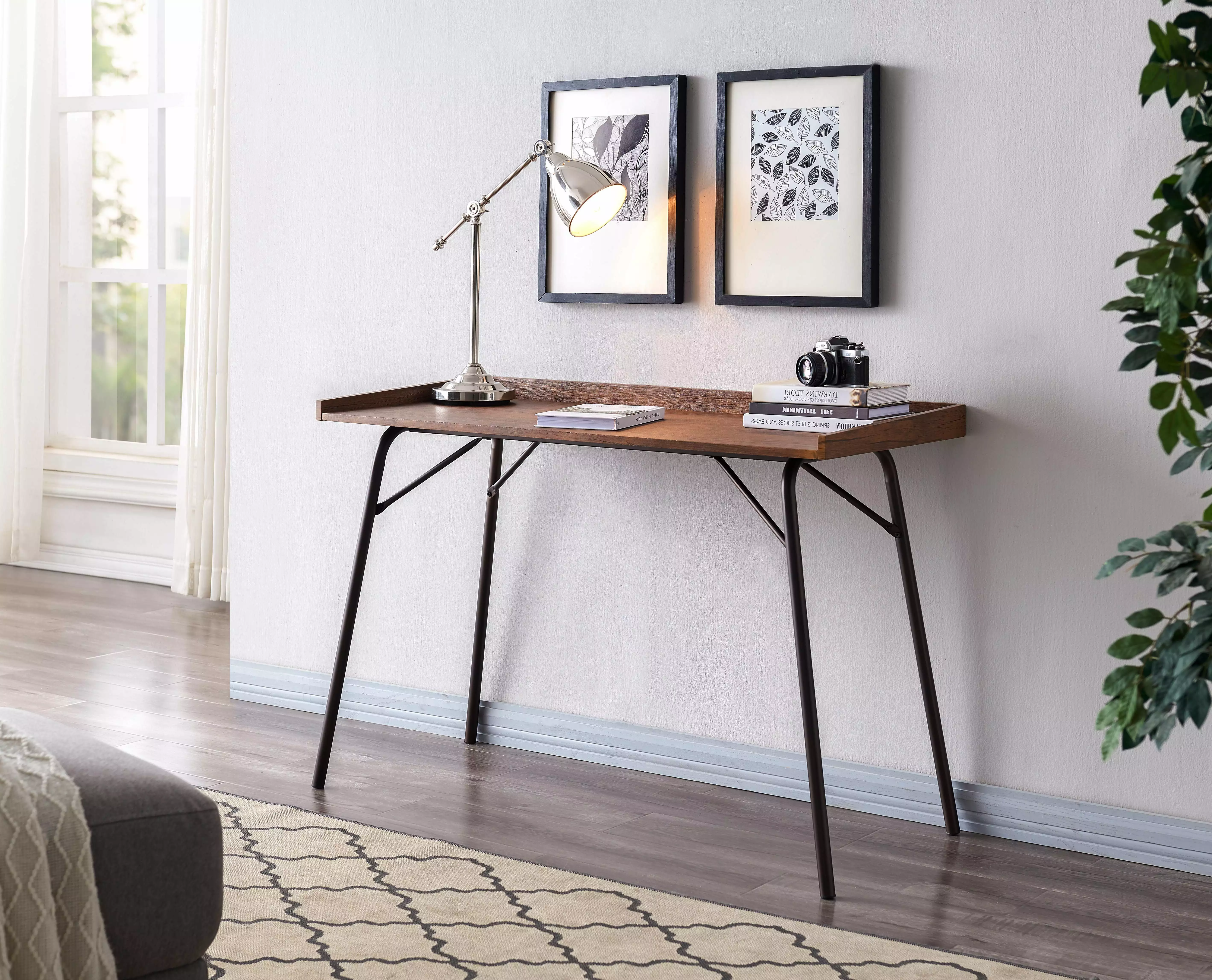 Fusion Home Office Writing Computer Desk Walnut Wood and Bronze Metal Pilaster Designs