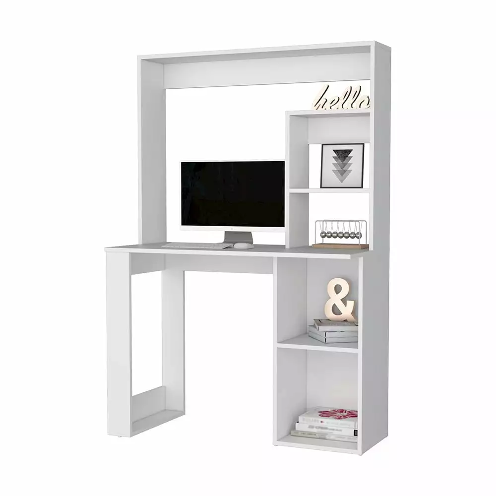 Plethoria Home Computer Desk Hutch and Storage Shelves White, Modern Home Office Workstation