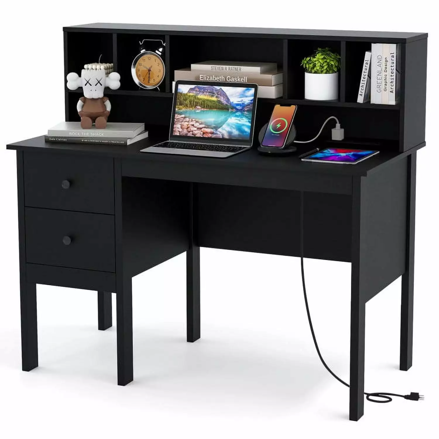 Resenkos 48 Inch Computer Desk Drawers Power Outlets - Black Home Office Desk Gaming
