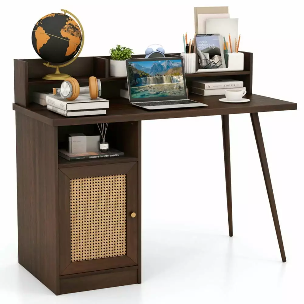 Resenkos 48 Inch Computer Desk Hutch PE Rattan Cabinet Shelves Walnut Home Office