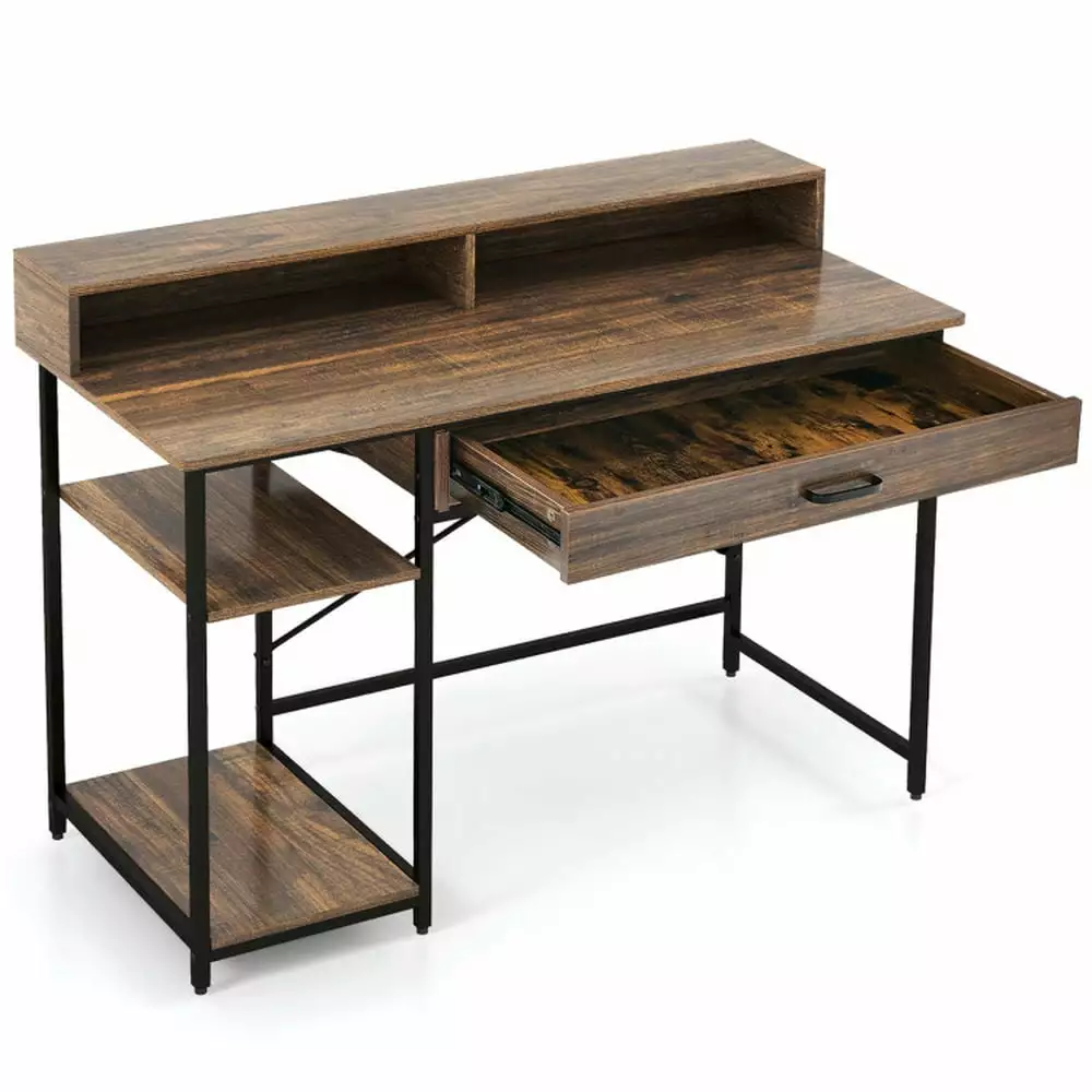 Resenkos 48 Inch Computer Desk Monitor Stand Drawer and Shelves Rustic Brown Home Office Gaming Study Writing Desk