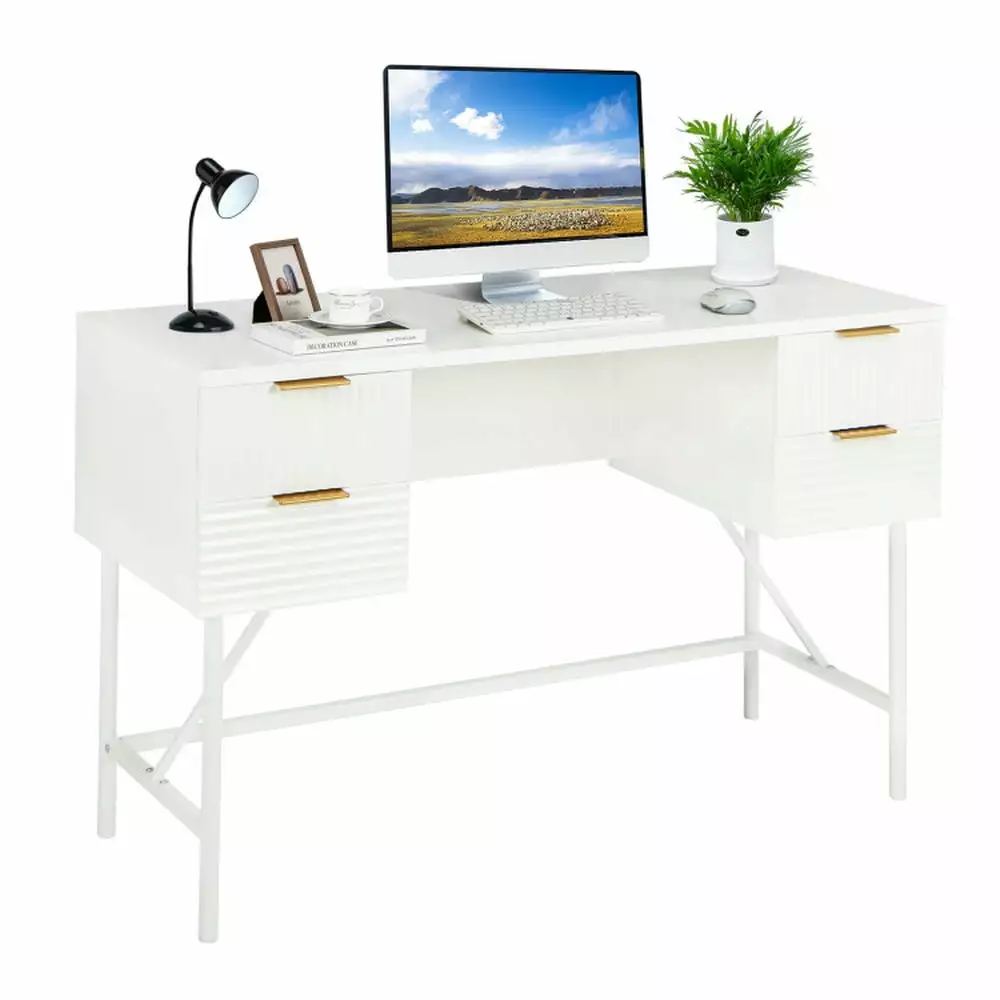 Resenkos 48 Inch Home Office Computer Desk 4 Drawers - White Gaming Computer Desk Study