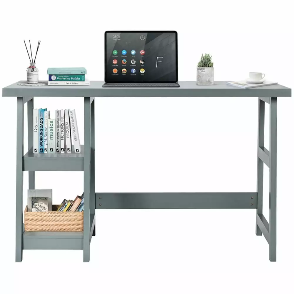 Resenkos Wooden Trestle Computer Desk 2-Tier Removable Shelves - Gray Home Office Gaming Study Writing Desk