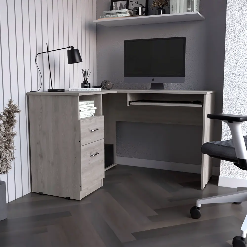 Idra L Influenced Desk Keyboard Tray Two Drawers and Open Shelf rta mubles colombia