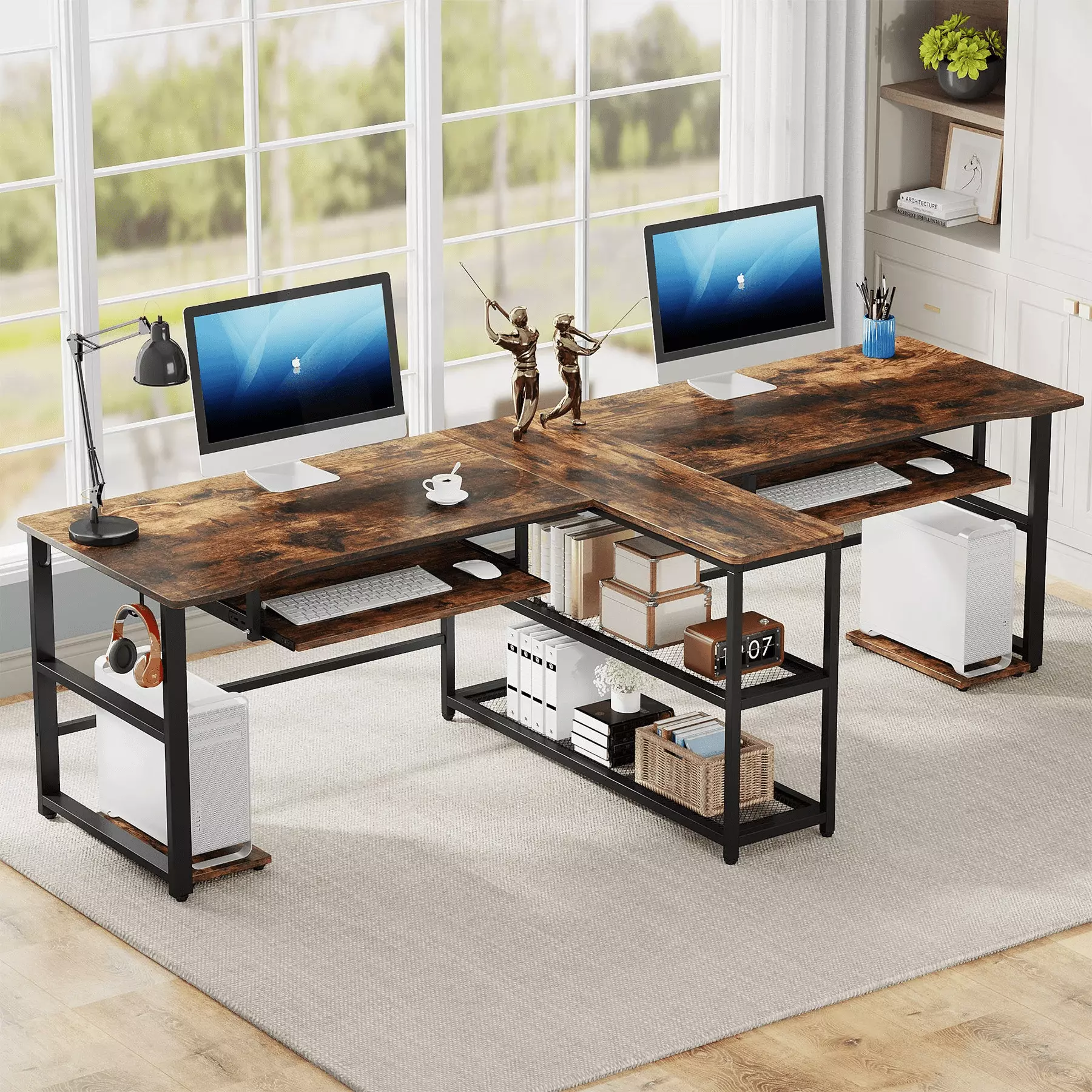 94.5 Two Person Desk Double Computer Desk Keyboard Tray LED Lights Home Office Sanshome