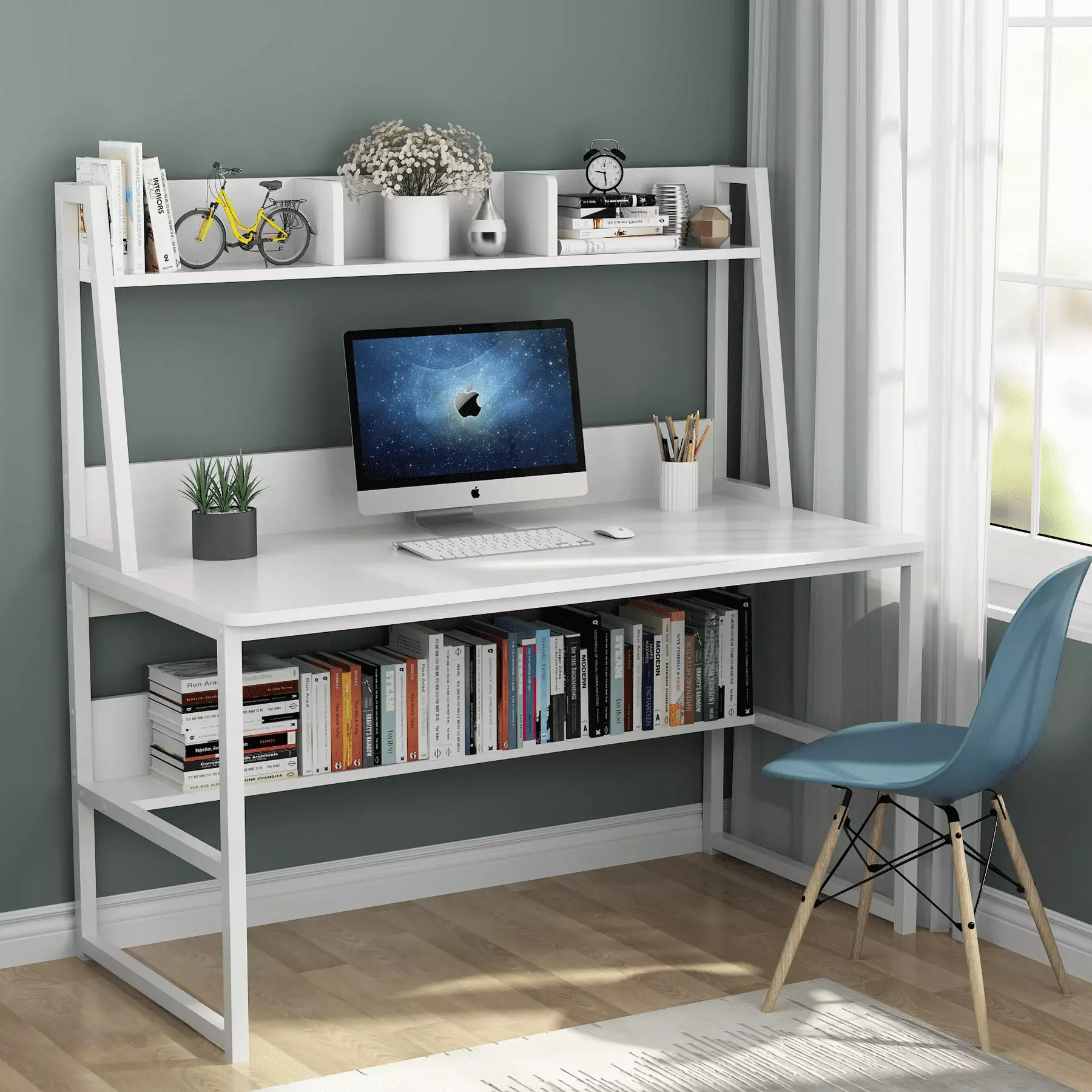 47 Inch Heavy Duty White Computer Desk Hutch and Bookshelf sanswood