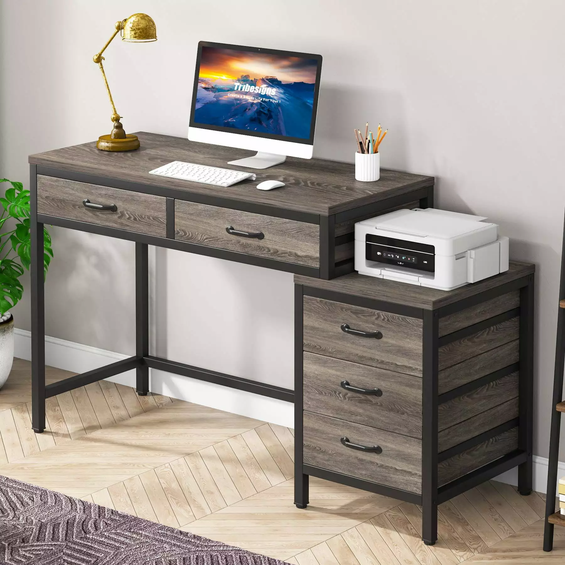 5-Drawer Computer Desk Study Writing Table Reversible Drawer Cabinet sanswoodshop