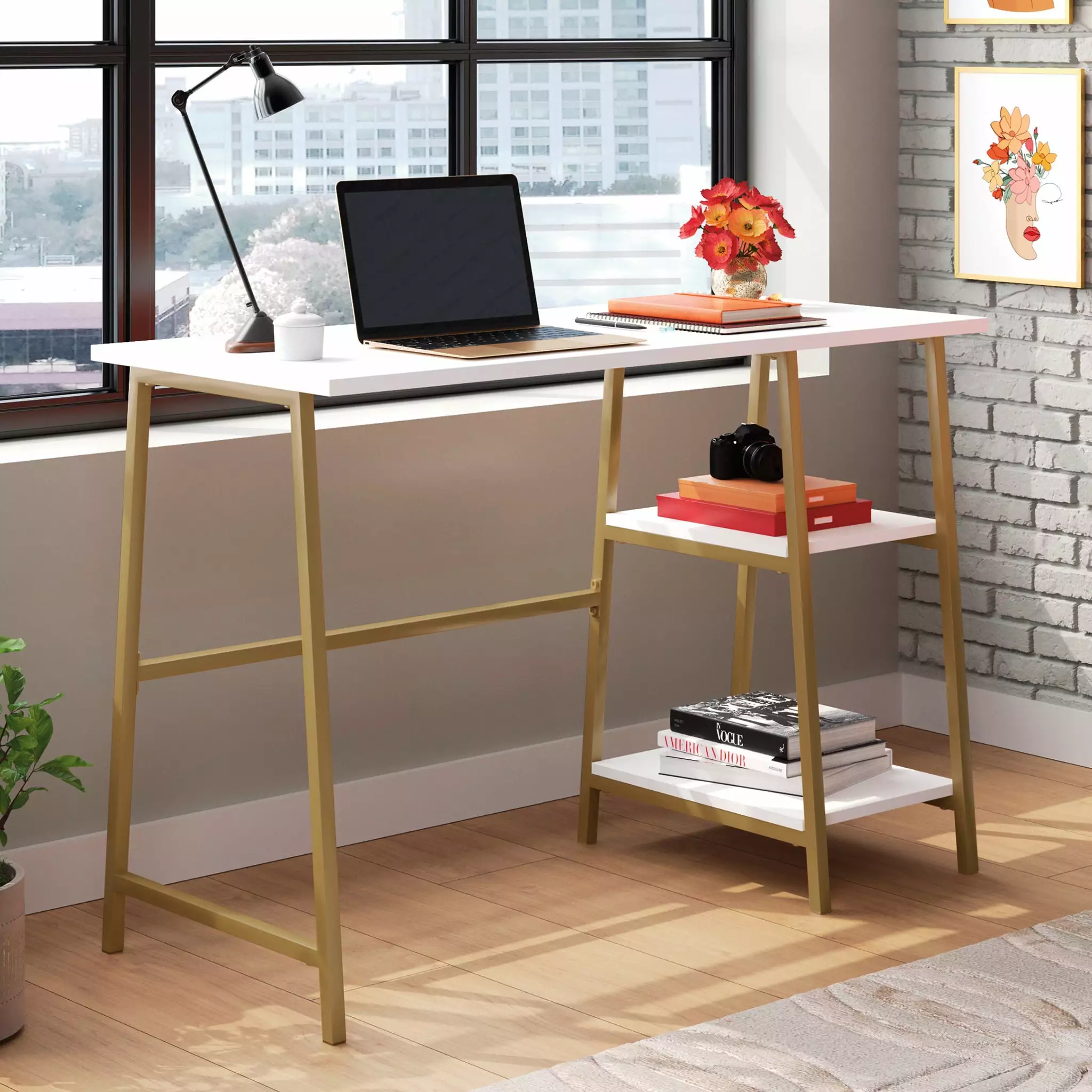Sauder North Avenue Modern Desk Open Shelves White Finish Home Office Desk