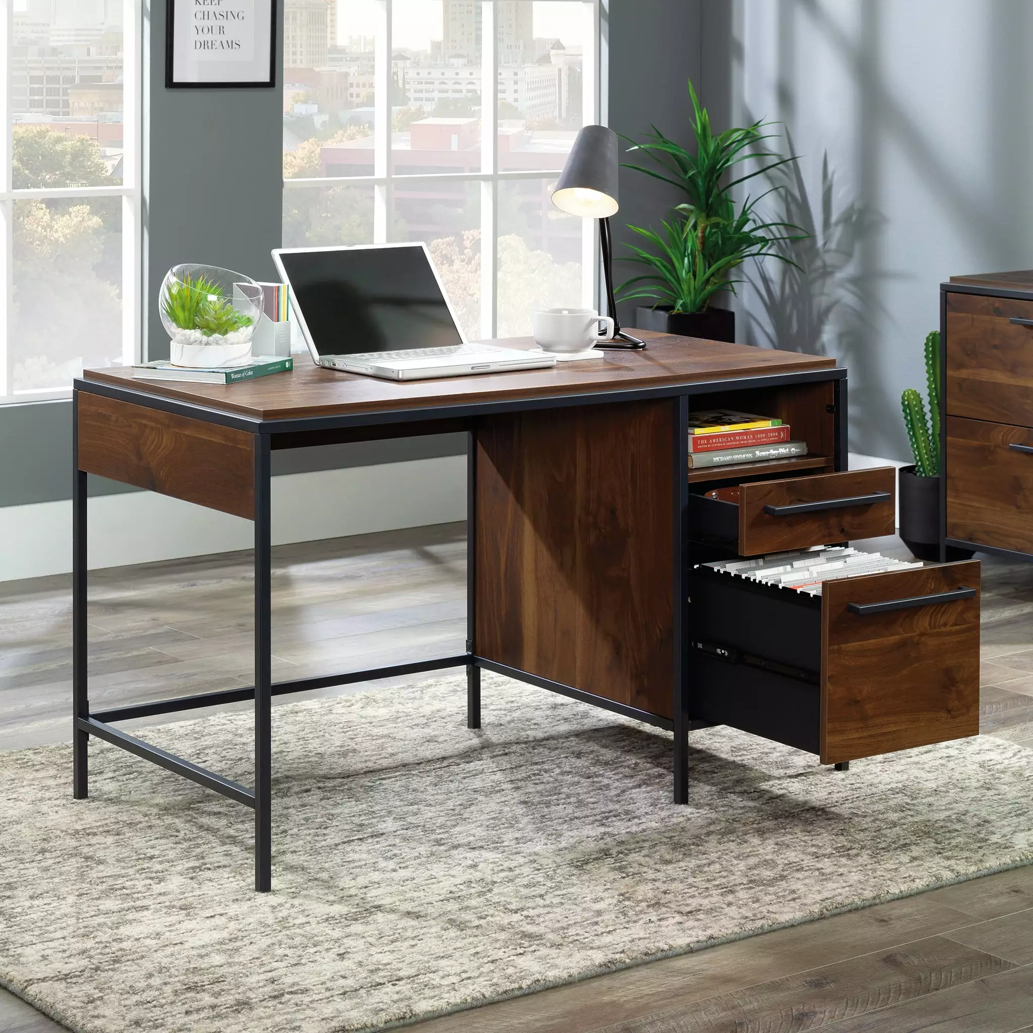 Sauder Nova Loft Home Office Desk Drawers and Open Shelf Grand Walnut Finish
