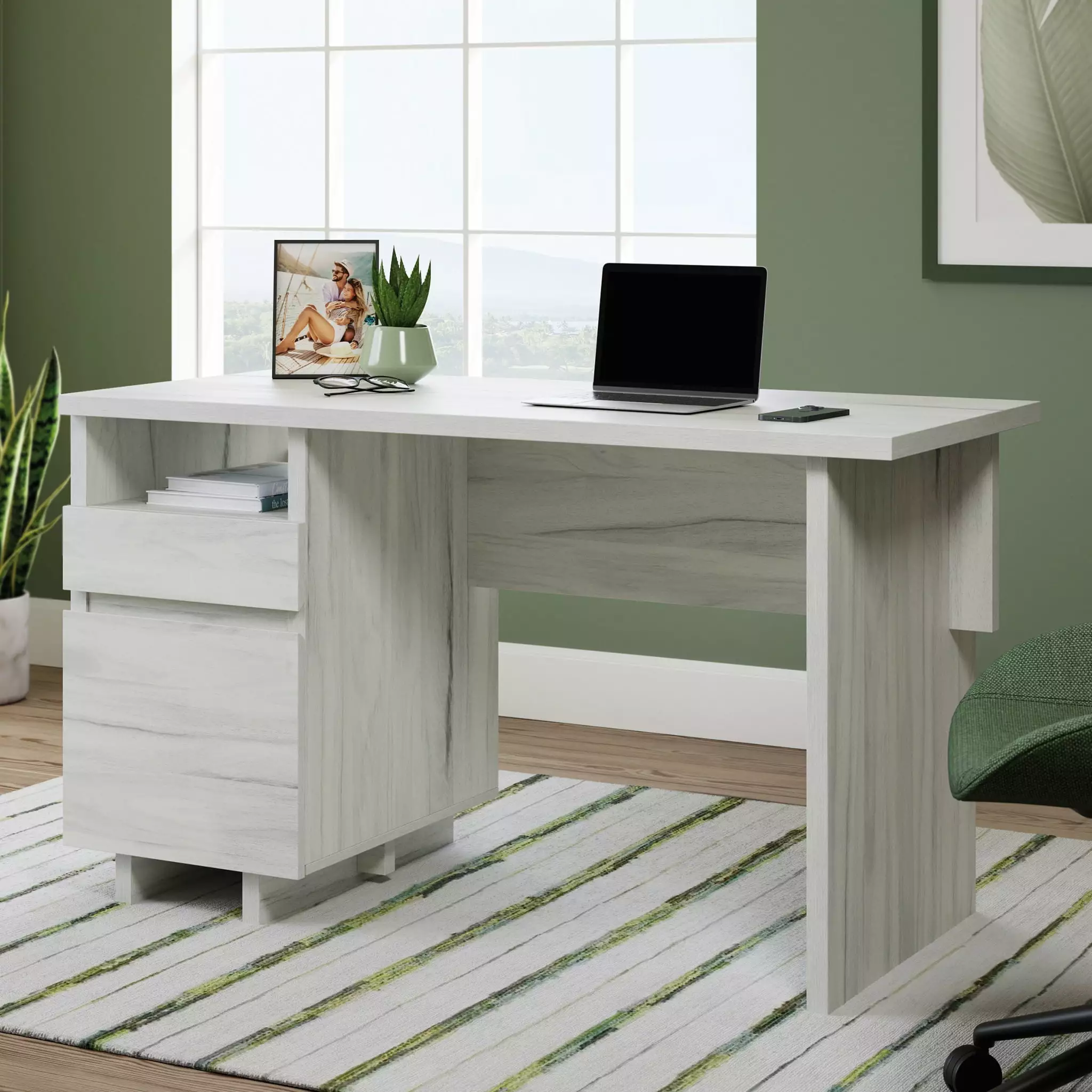 Sauder Porto Palma Single Pedestal Desk Haze Acacia Finish - Home Office Desk Storage