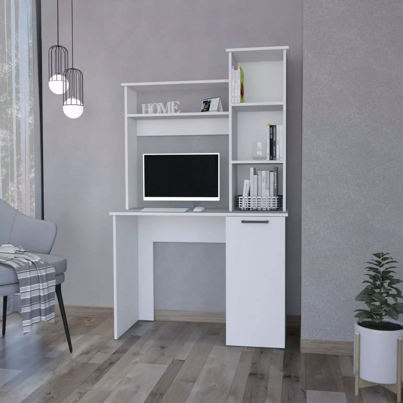 Computer Desk Hutch And 3-Tier Storage Shelves, Modern Home Office Workstation SMHZ