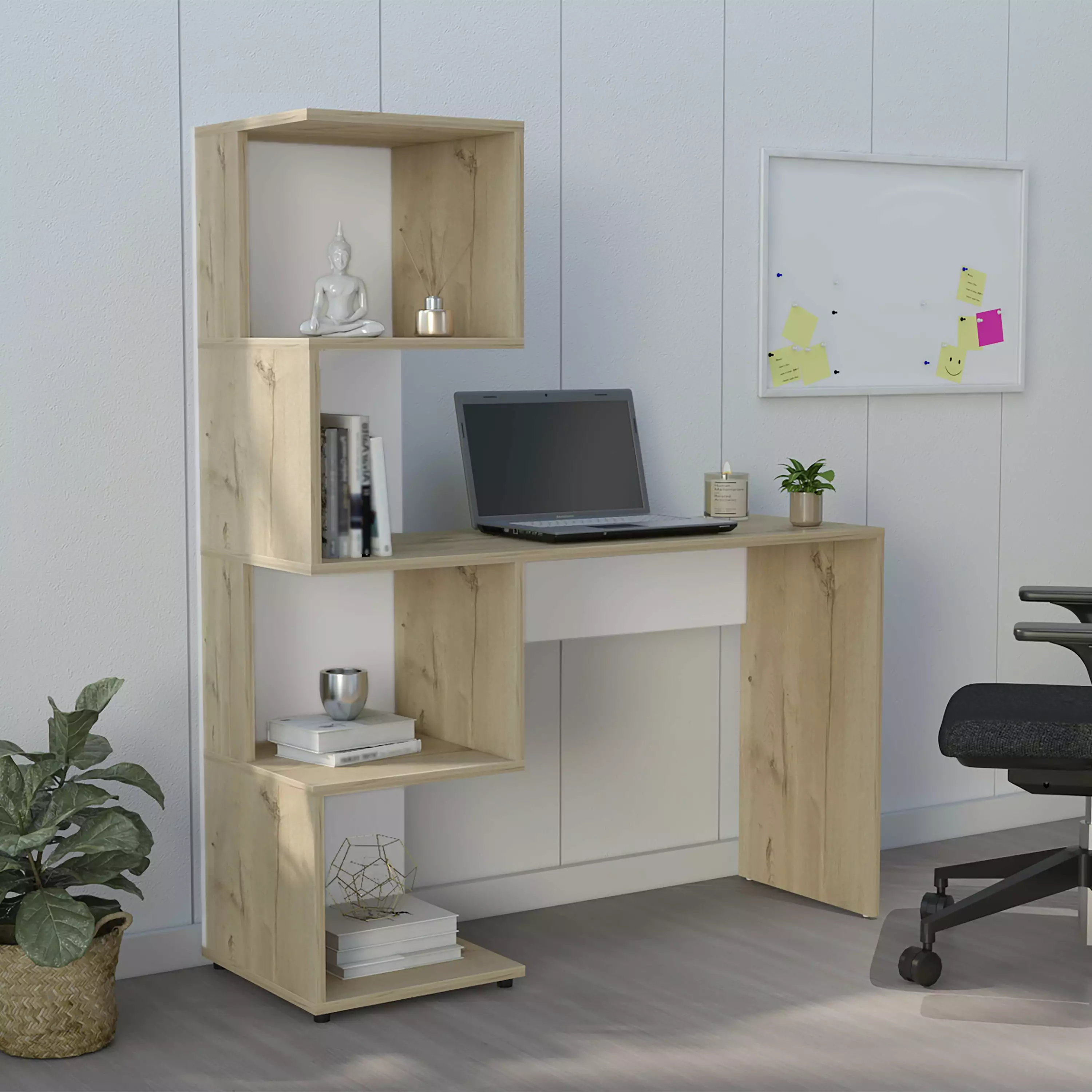 Computer Desk Jayess Four-Tier Storage Shelves Light Oak White SMHZ