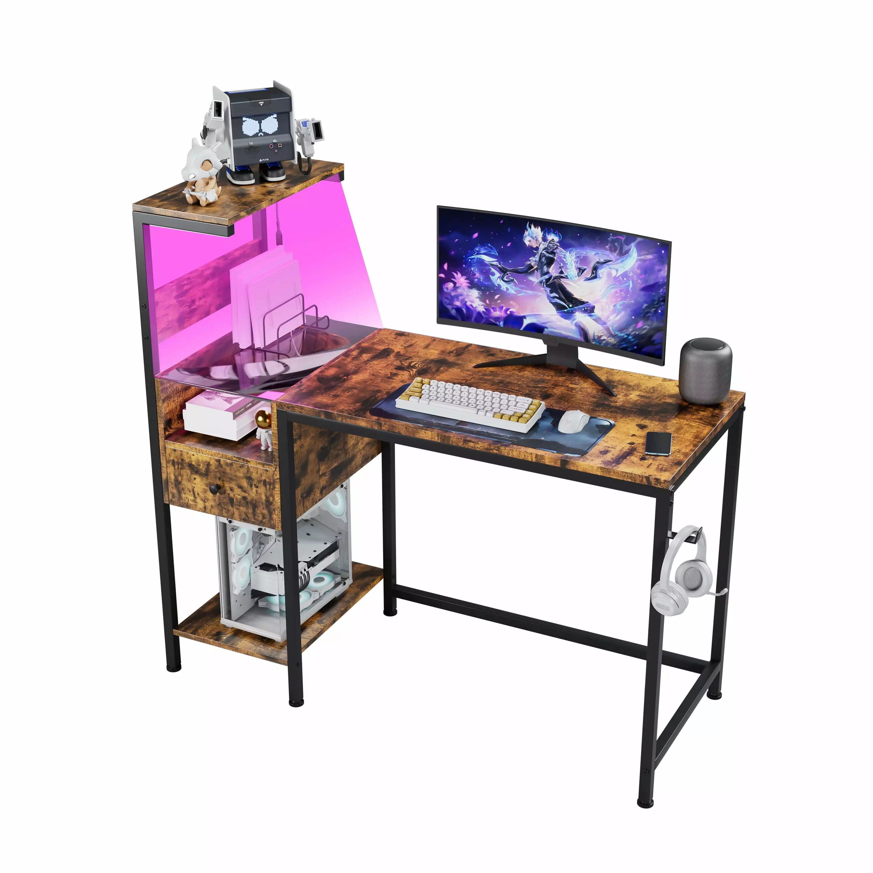 Computer Desk Power Outlet & Storage Shelves - Study Writing Table USB Ports Charging Station Brown SMHZ