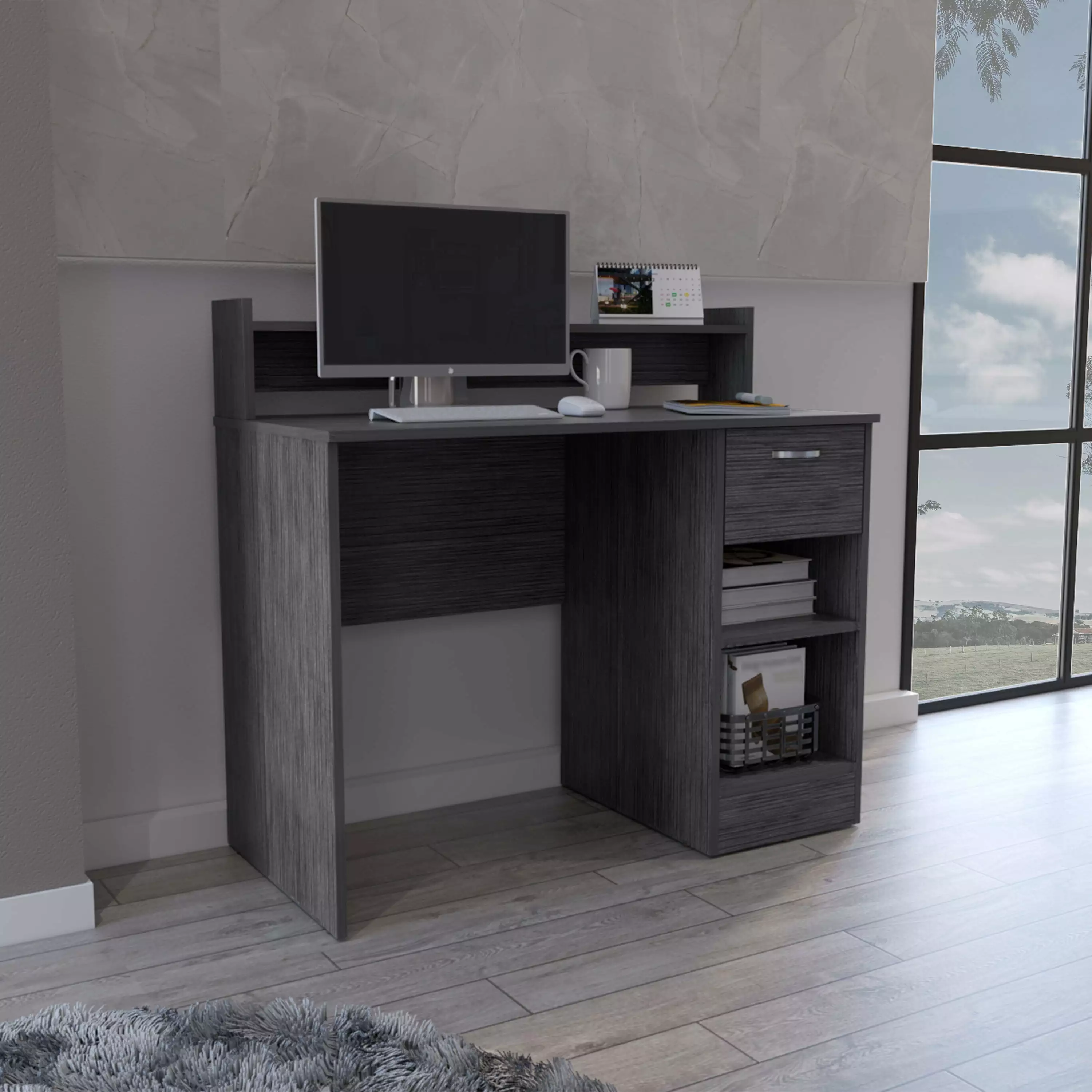 Delmar Computer Desk Open Storage Shelves Single Drawer Smokey Oak Finish Home Office SMHZ