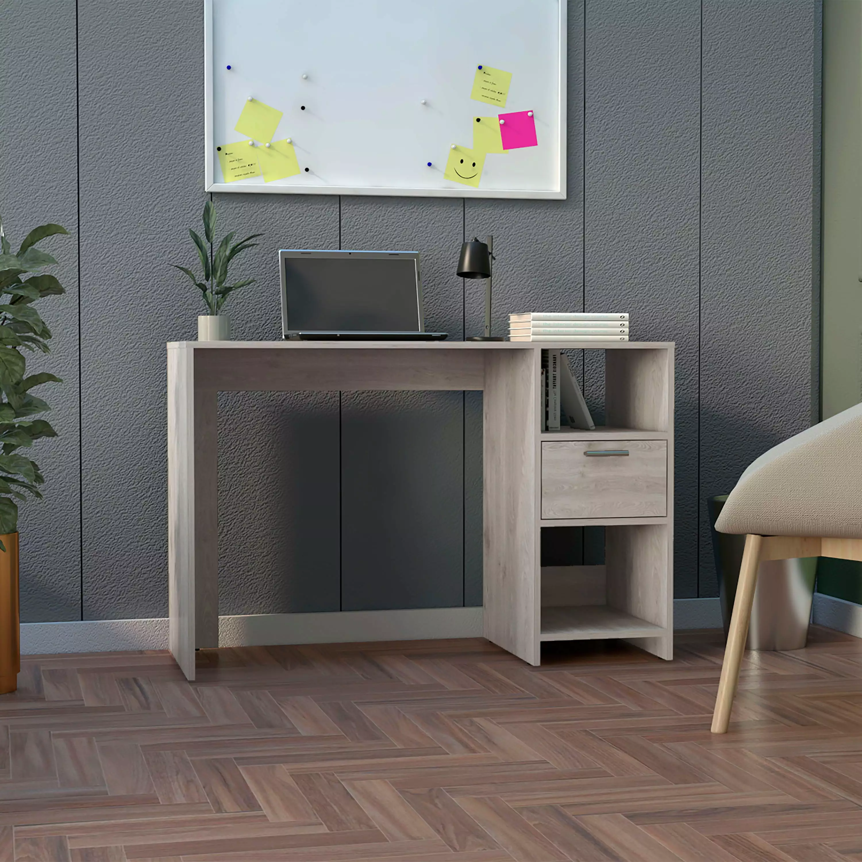 Light Gray Computer Desk 1 Drawer and 2 Open Storage Shelves Compact Office Desk SMHZ