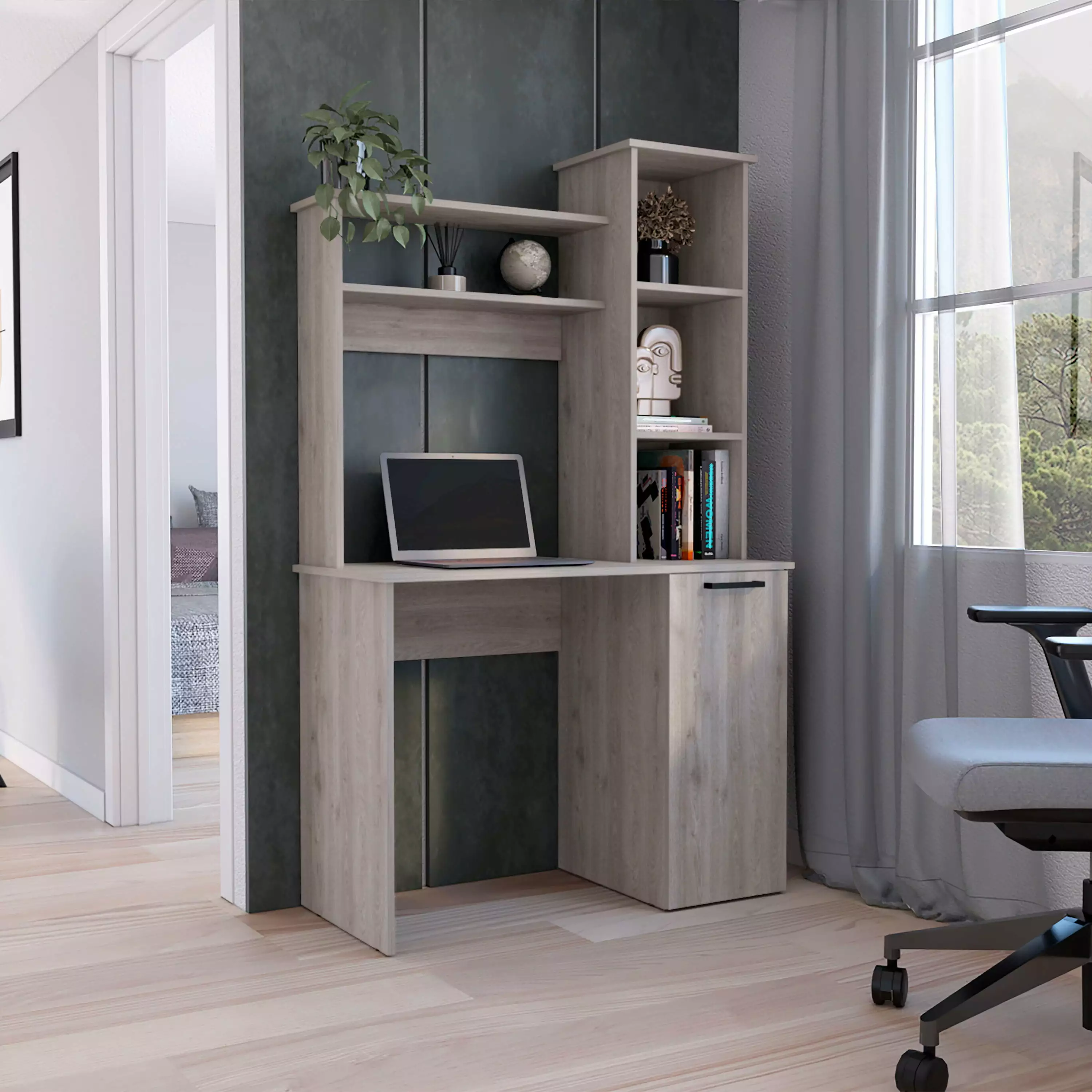 Light Gray Computer Desk Hutch Storage and Single Door Cabinet SMHZ