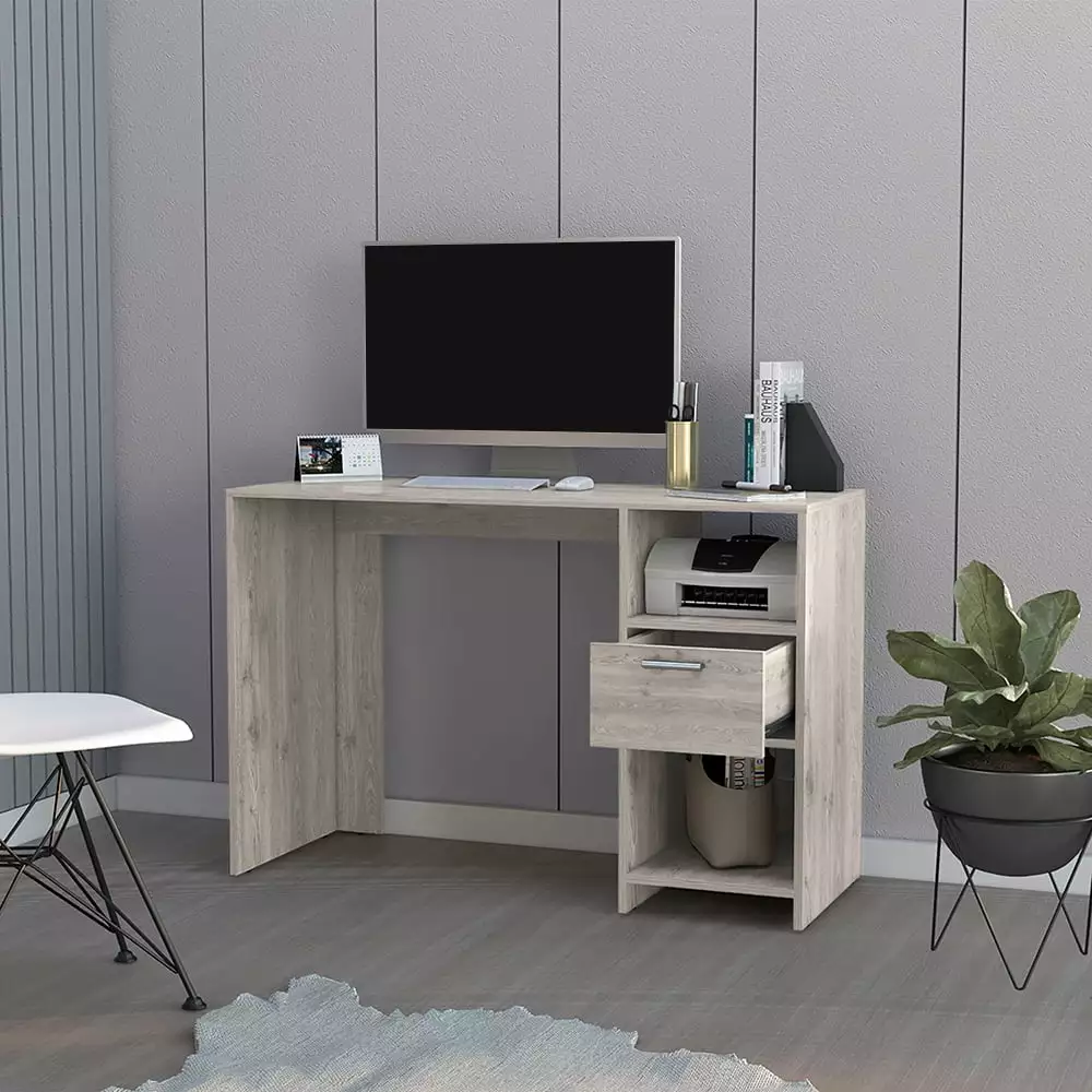 Odessa Computer Desk Single Drawer and Open Storage Cabinets Light Gray Finish SMHZ