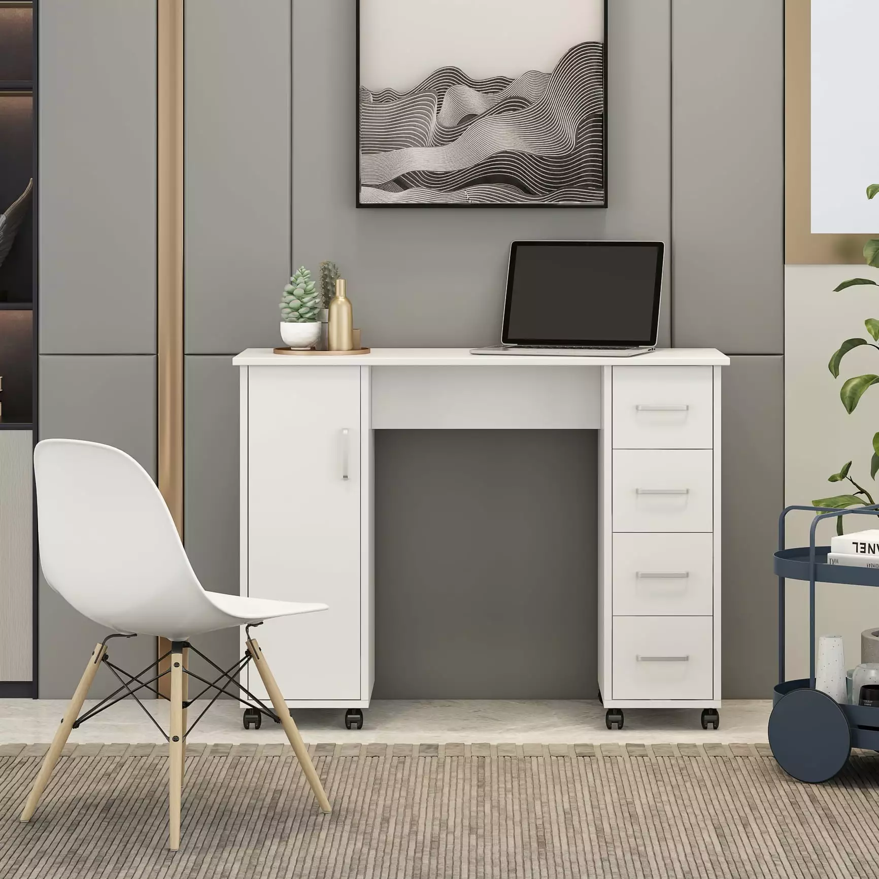 Office Computer Desk Table Drawers White Nail Art Table Wheels SMHZ