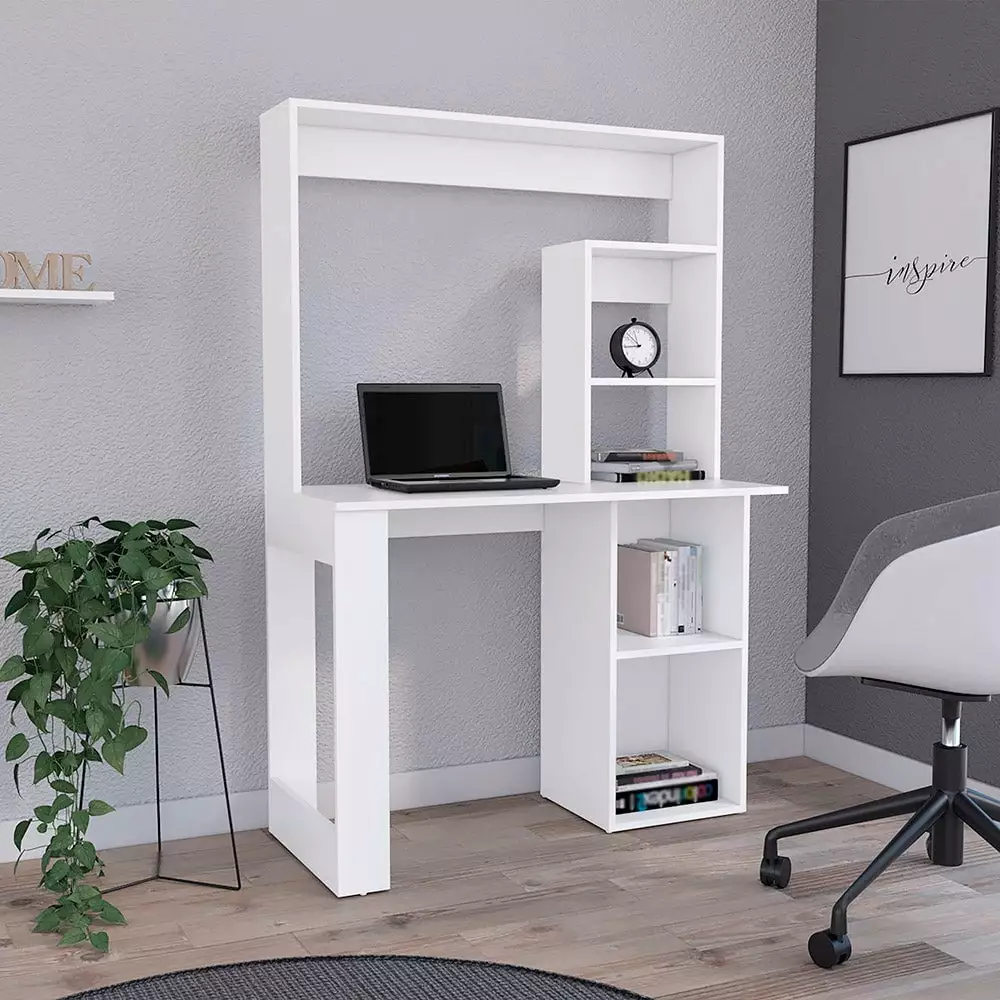 White Writing Computer Desk Storage Shelves and Hutch Home Office SMHZ