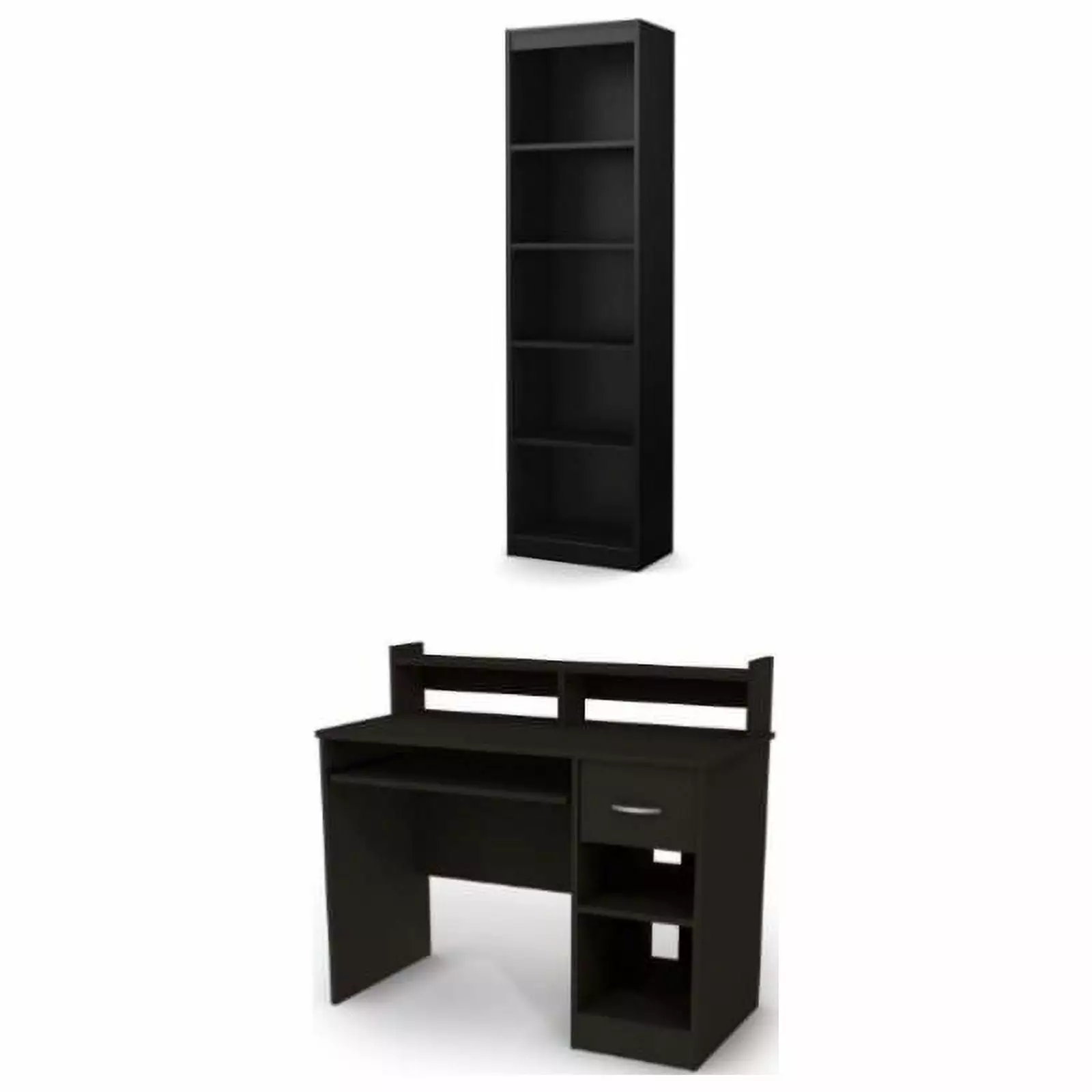 South Shore Axess Desk Keyboard Tray 5-Shelf Narrow Bookcase Set Black