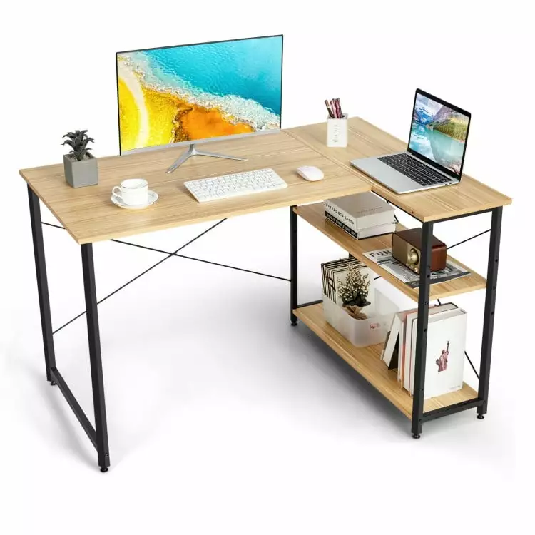 Spaco 48 Inch Reversible L Shaped Computer Desk Adjustable Shelf Natural Office Gaming Desk