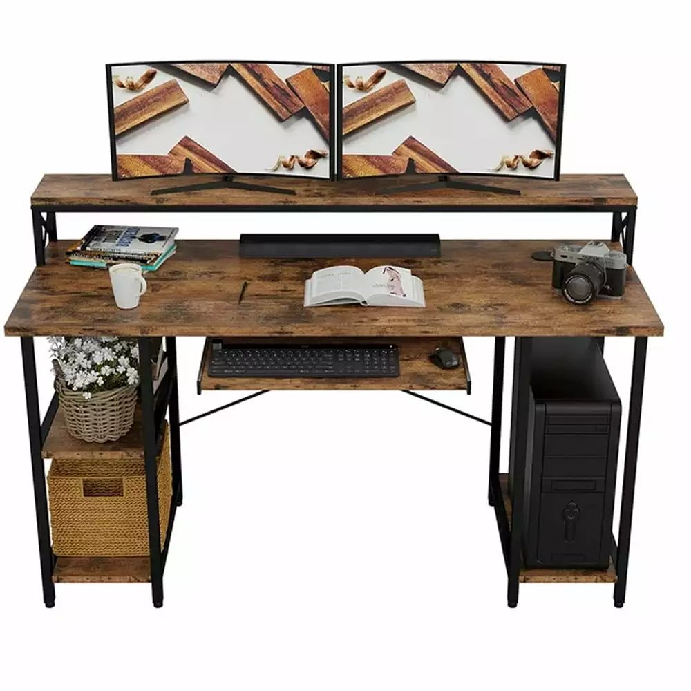 Brown Large Computer Desk Keyboard Tray and Storage Drawer Laptop or Desktop Sttoay