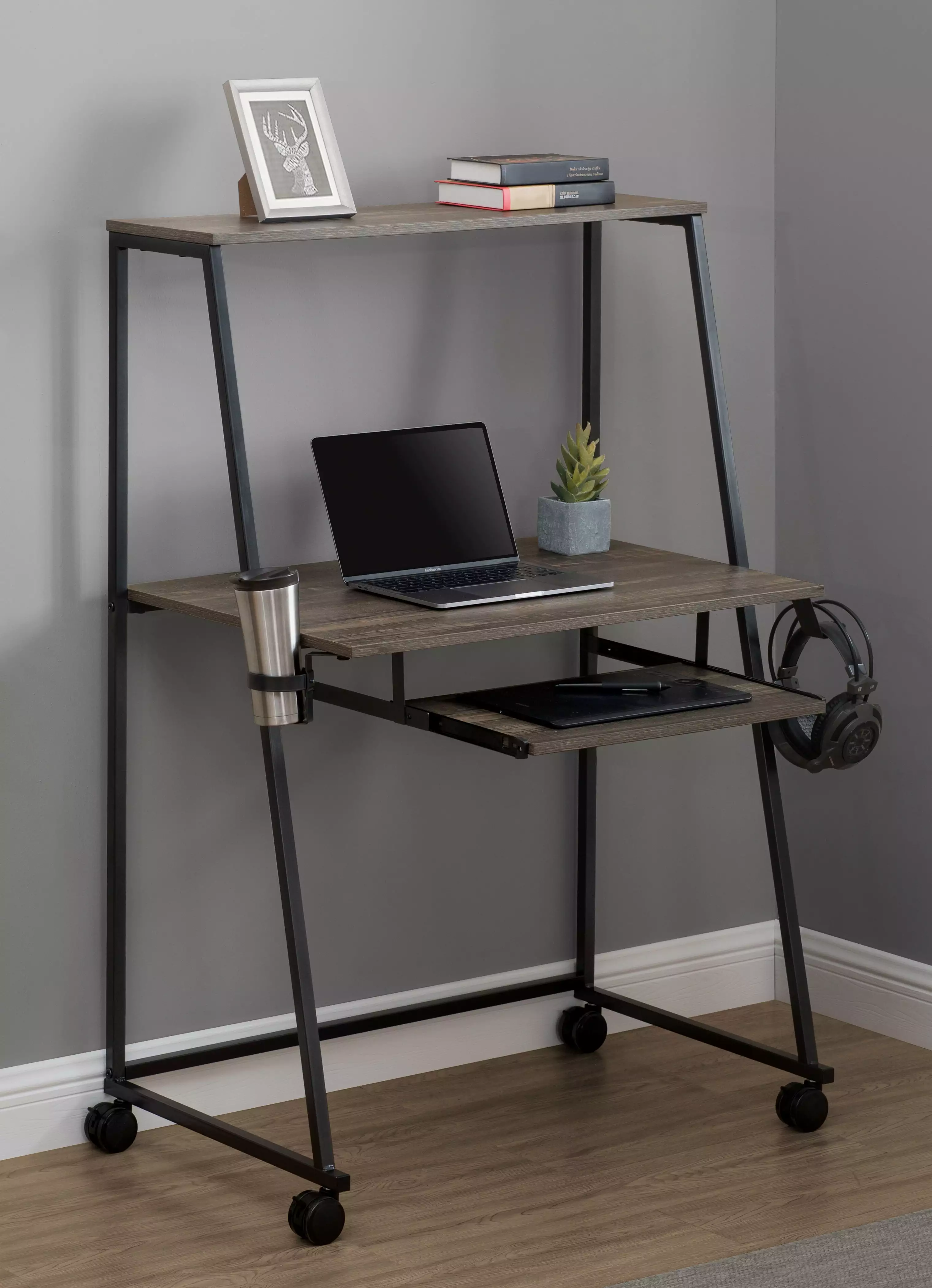 Sunjoy 33 Inch Space Saving Mobile Computer Desk Wheels and Cup Holder Sunjoy Group
