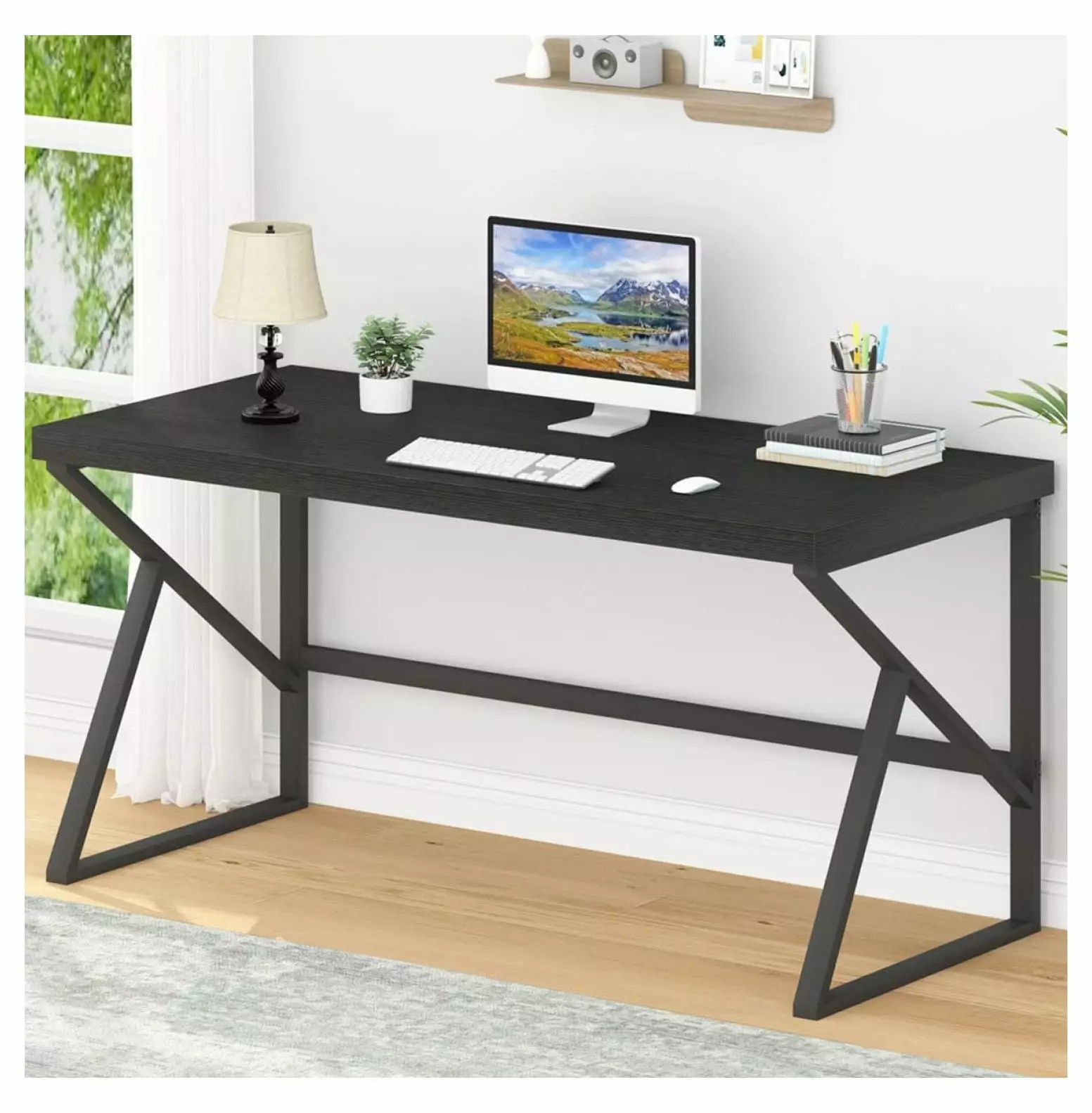 Modern Industrial 55 Inch Black Computer Desk Metal and Wood Home Office Workstation Superwum