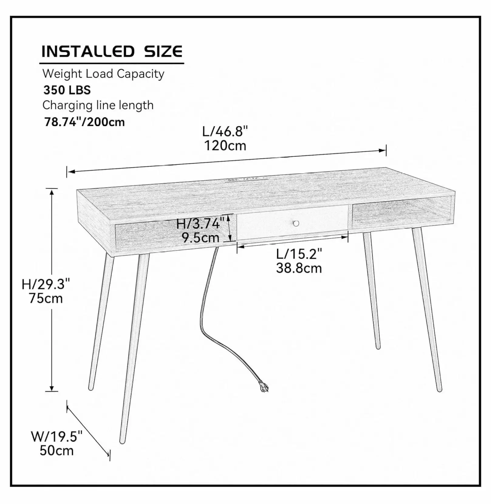 Superwum Century Desk USB Ports Power Outlet 46.8 Inch Modern Writing Study Computer PC Desk Drawers
