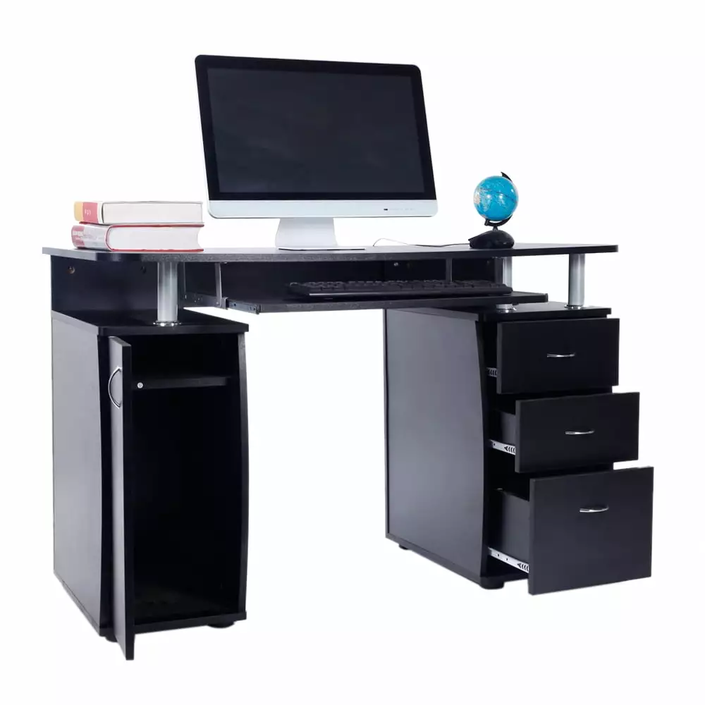 Tcbosik Black Computer Desk Door and Drawers Small Office Desk Keyboard Tray