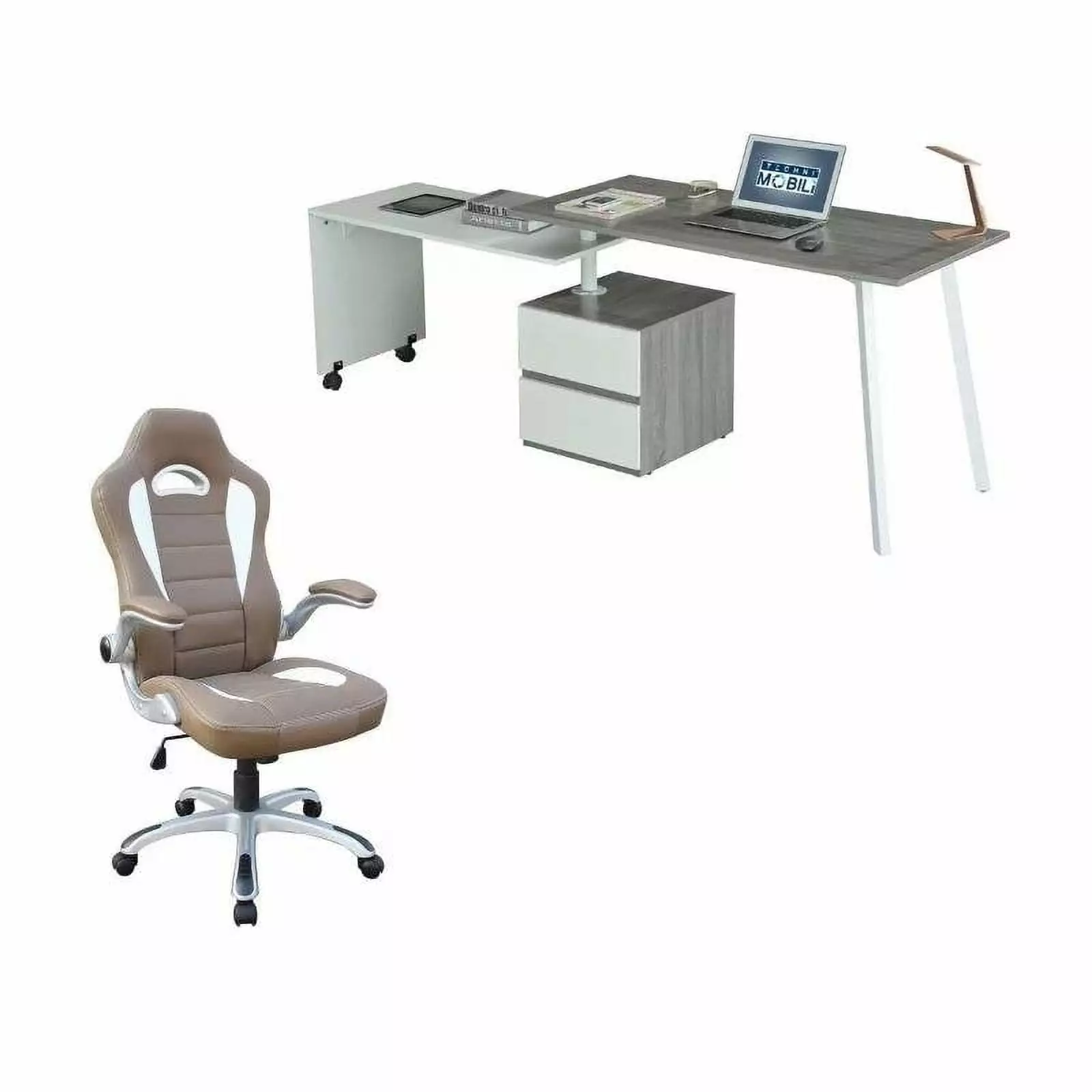 Set 2 Rotating Computer Desk Gray and Gaming Chair Camel Techni Mobili