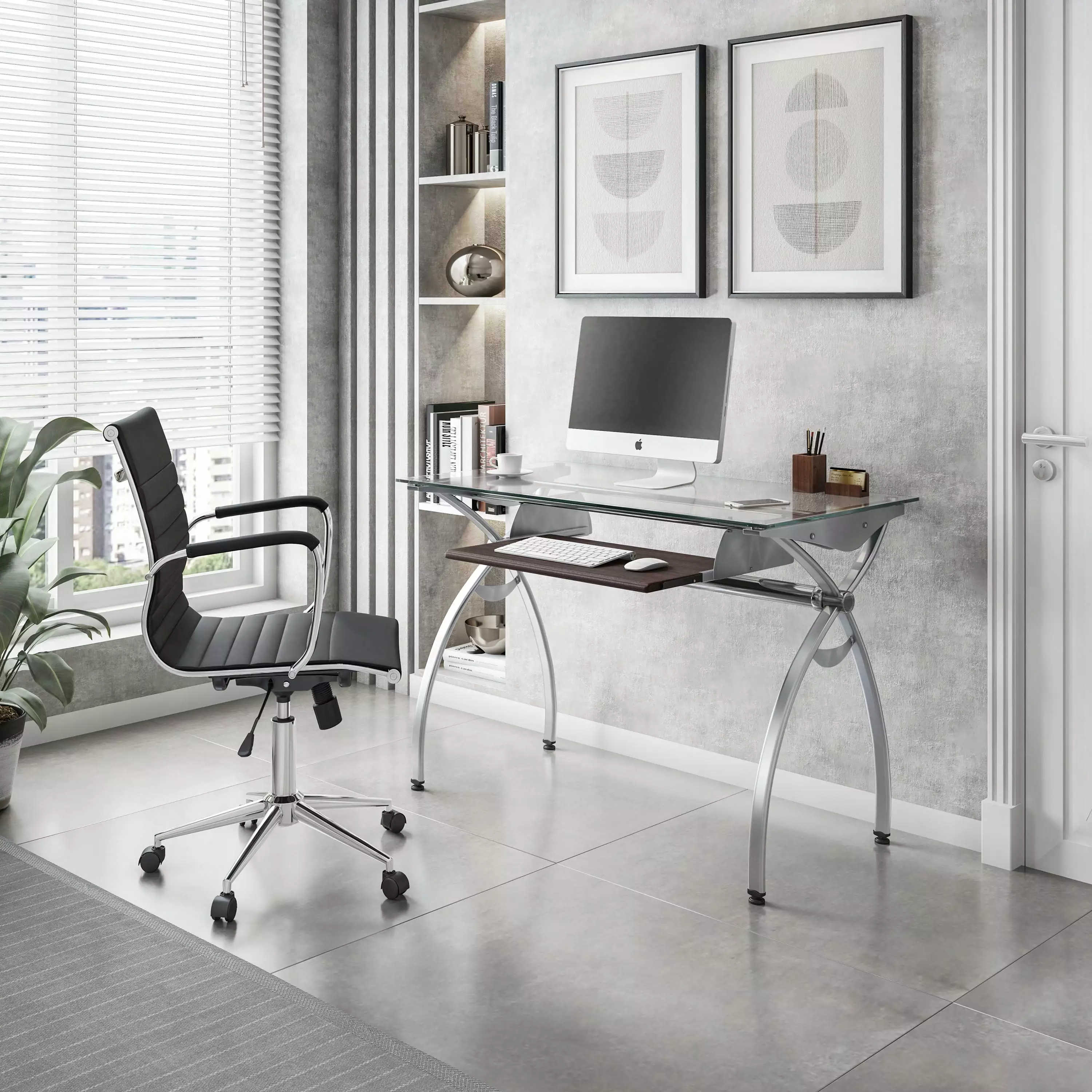Techni Mobili Glass Top Computer Desk Keyboard Tray & Silver Legs Home Office or Study