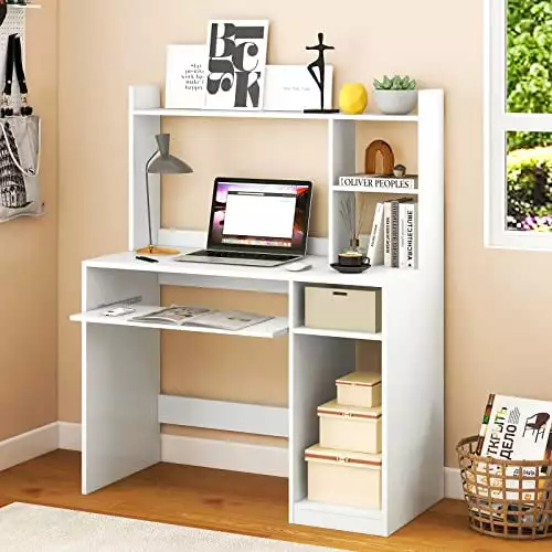 White Modern Computer Desk Hutch, Keyboard Tray, and CPU Stand TeviRoom