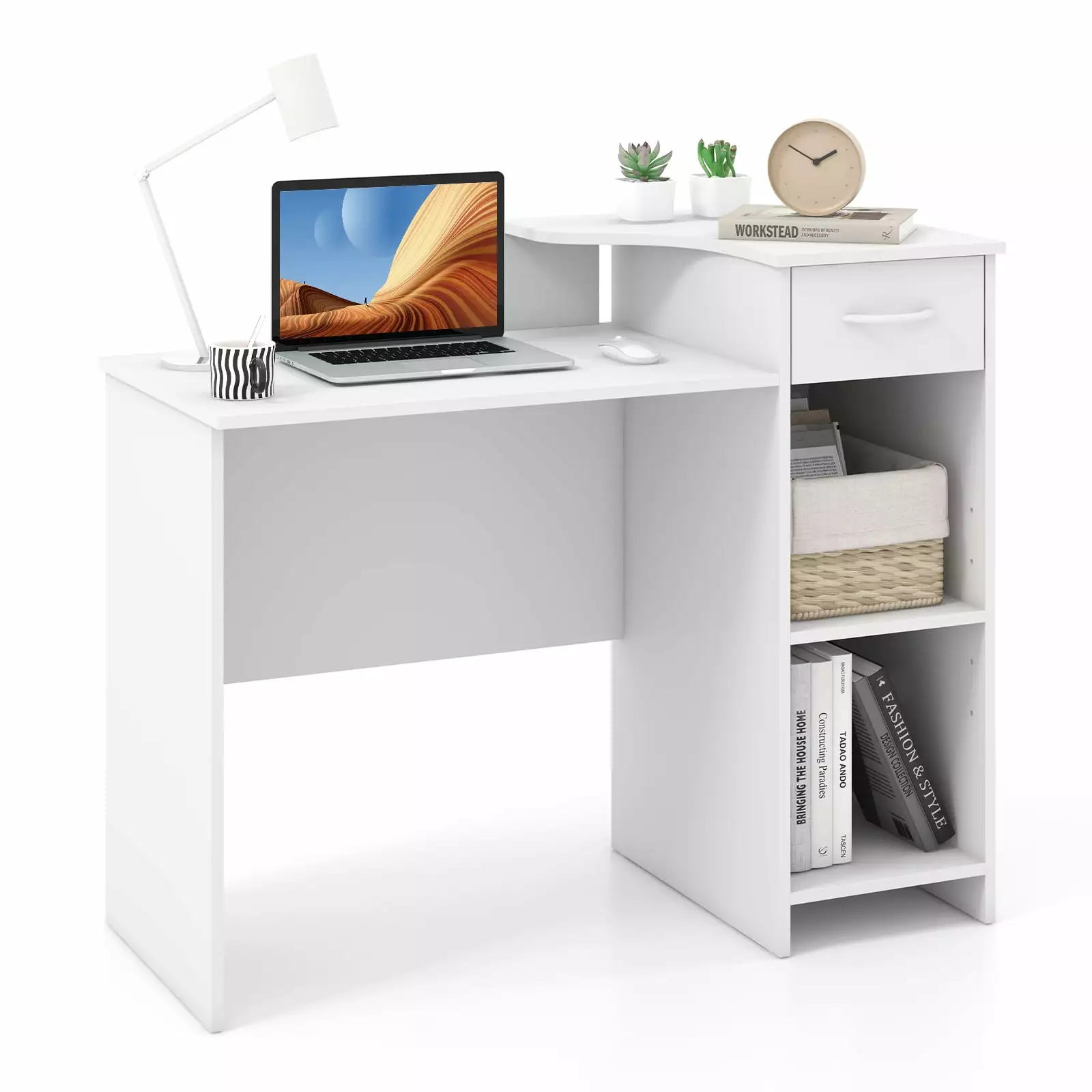 Topbuy 40.5 Inch White Computer Desk Printer Shelf Storage Drawer and CPU Stand