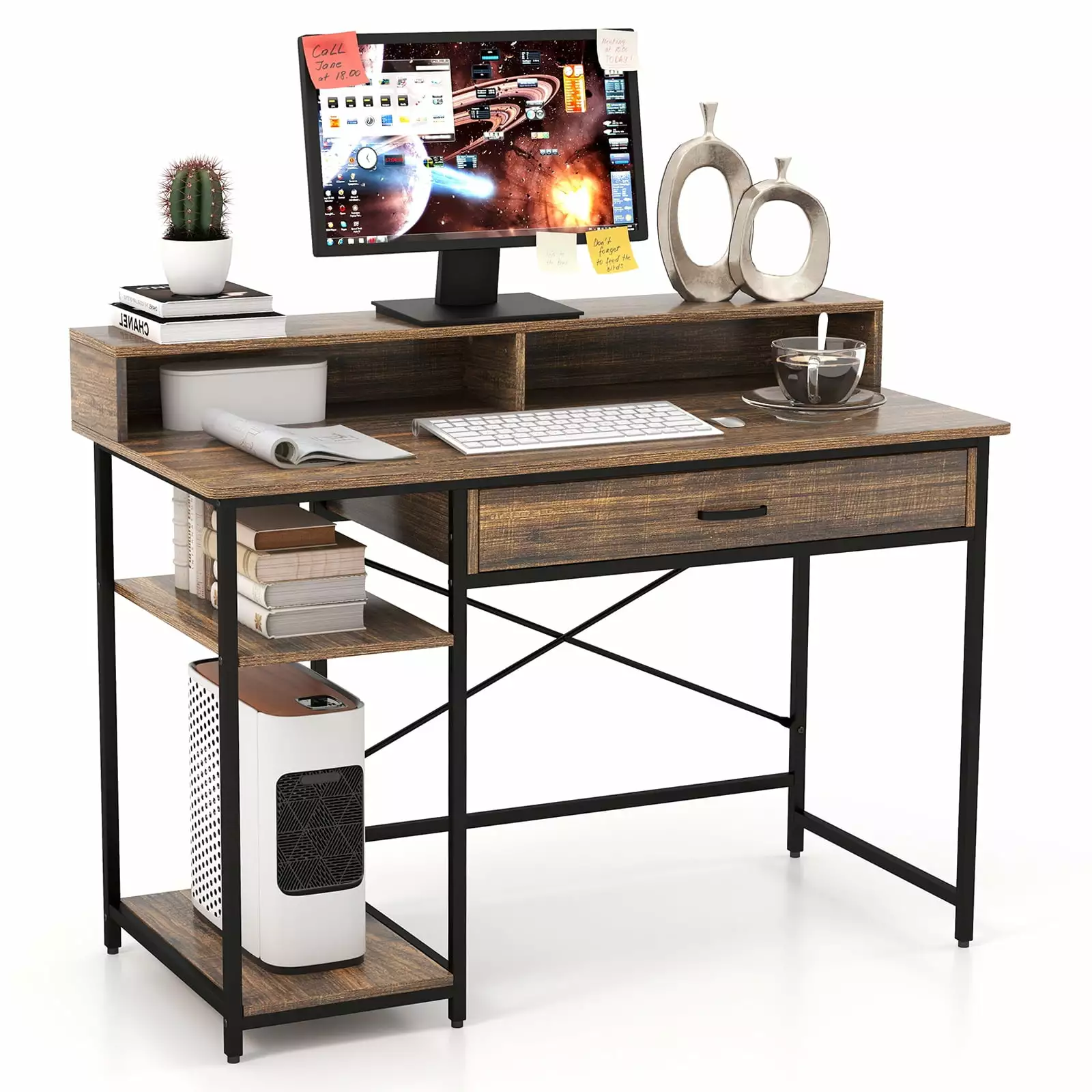 Topbuy 48 Inch Computer Desk Monitor Shelf Home Office Writing Desk Drawer Storage Shelves CPU Stand