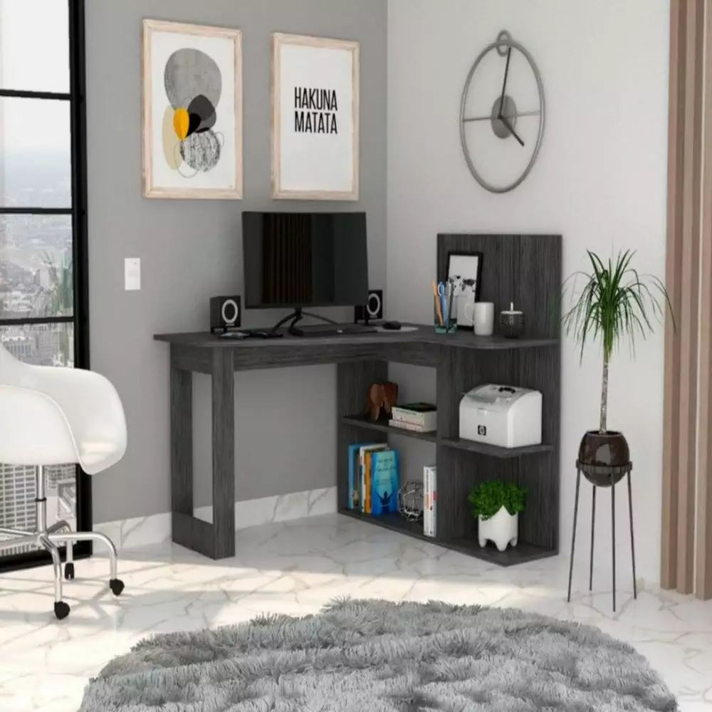 Treevol Furniture Mohave Computer Desk Five Open Shelves Smokey Oak