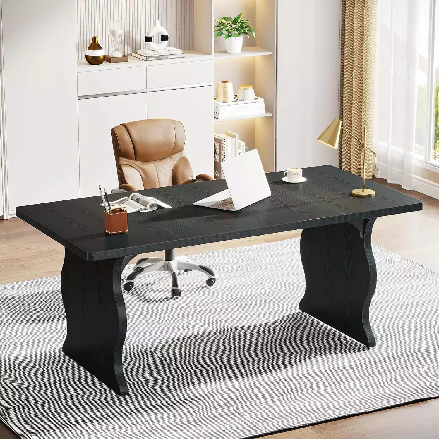 Tribesigns 63-Inch Large Executive Computer Desk 1-2 Person Sturdy Legs Black
