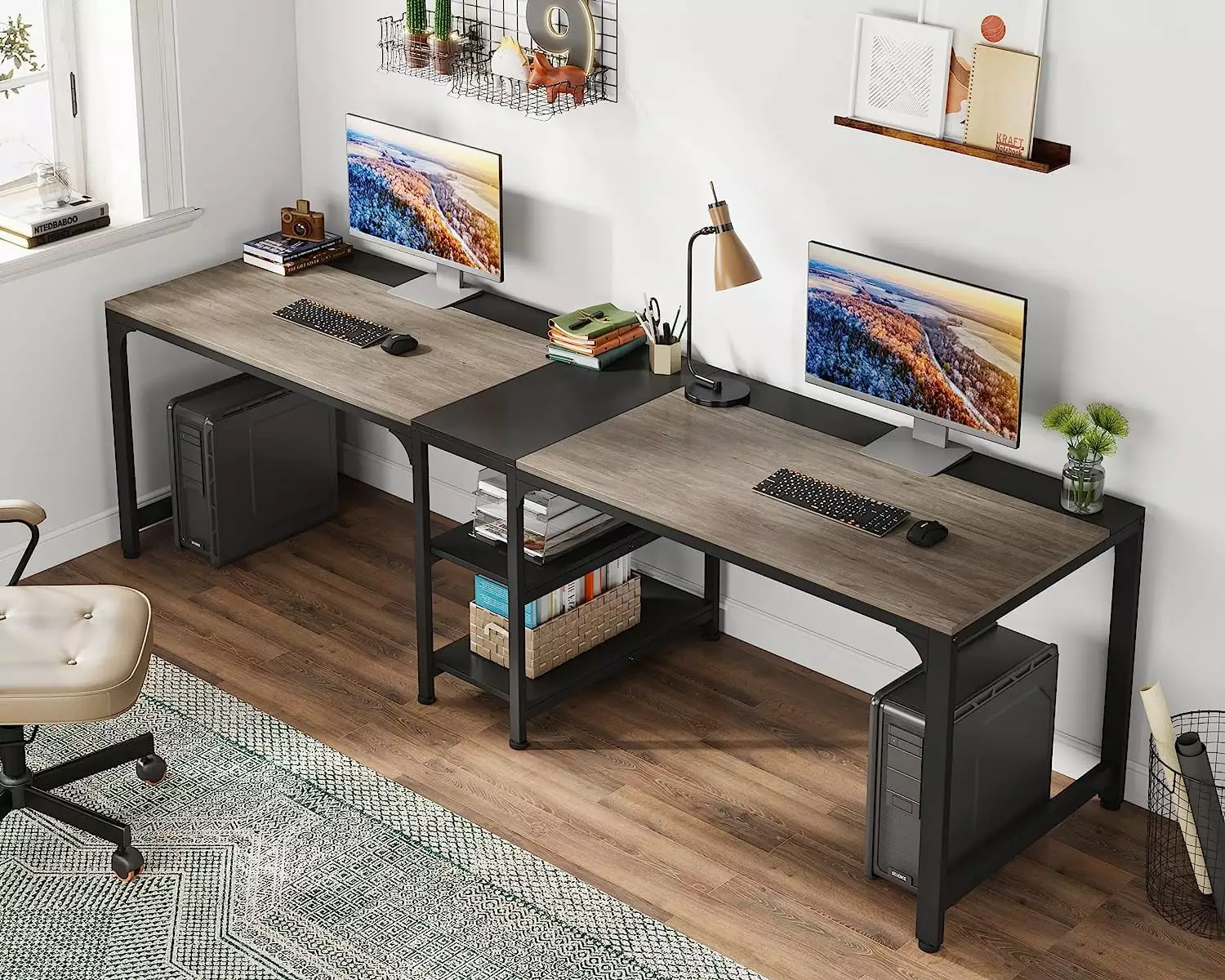Tribesigns 90.55 2 Person Desk Storage Shelves Long Double Computer Desk Home Office