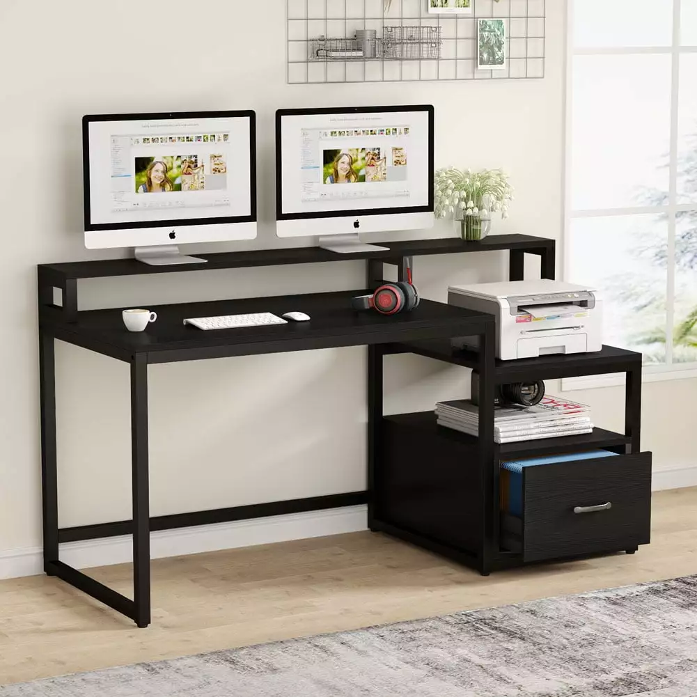 Tribesigns 59 Inch Computer Desk File Drawer and Storage Shelves