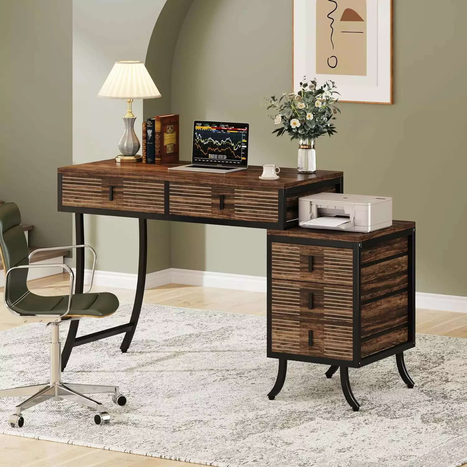 Tribesigns 55 Inch Industrial Computer Desk 5 Drawers Reversible Cabinet Home Office