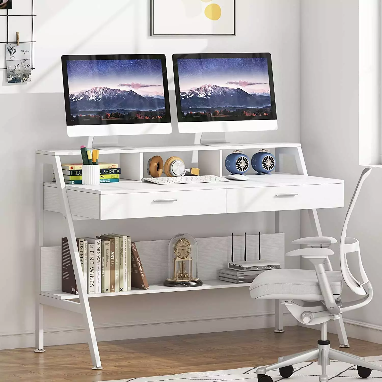 Tribesigns 47 Inch Modern Computer Desk Storage Shelf Drawers and Monitor Stand Riser Home Office Study Table