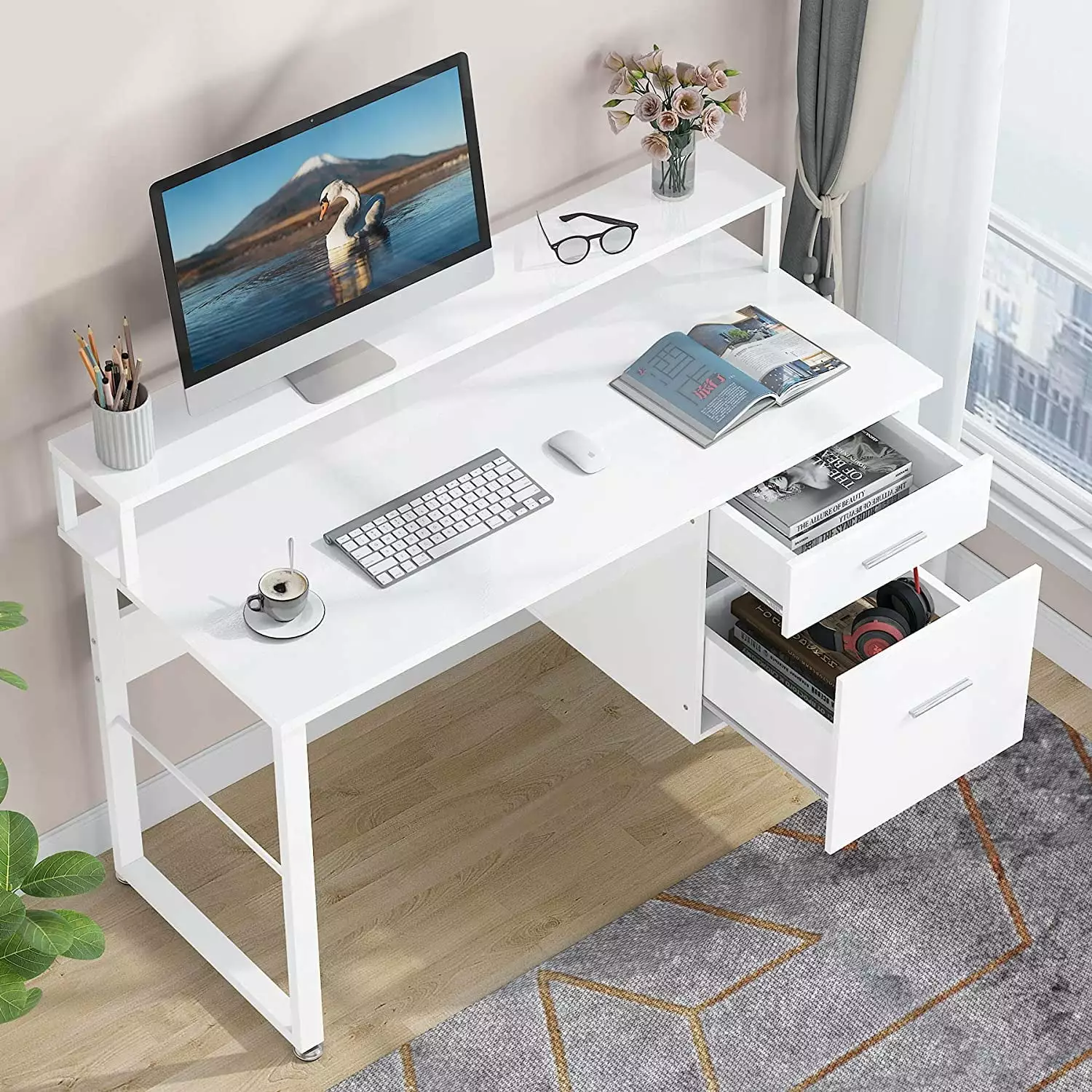 Tribesigns 47 Inches Computer Desk High Gloss White Writing Desk 2 Drawers Storage