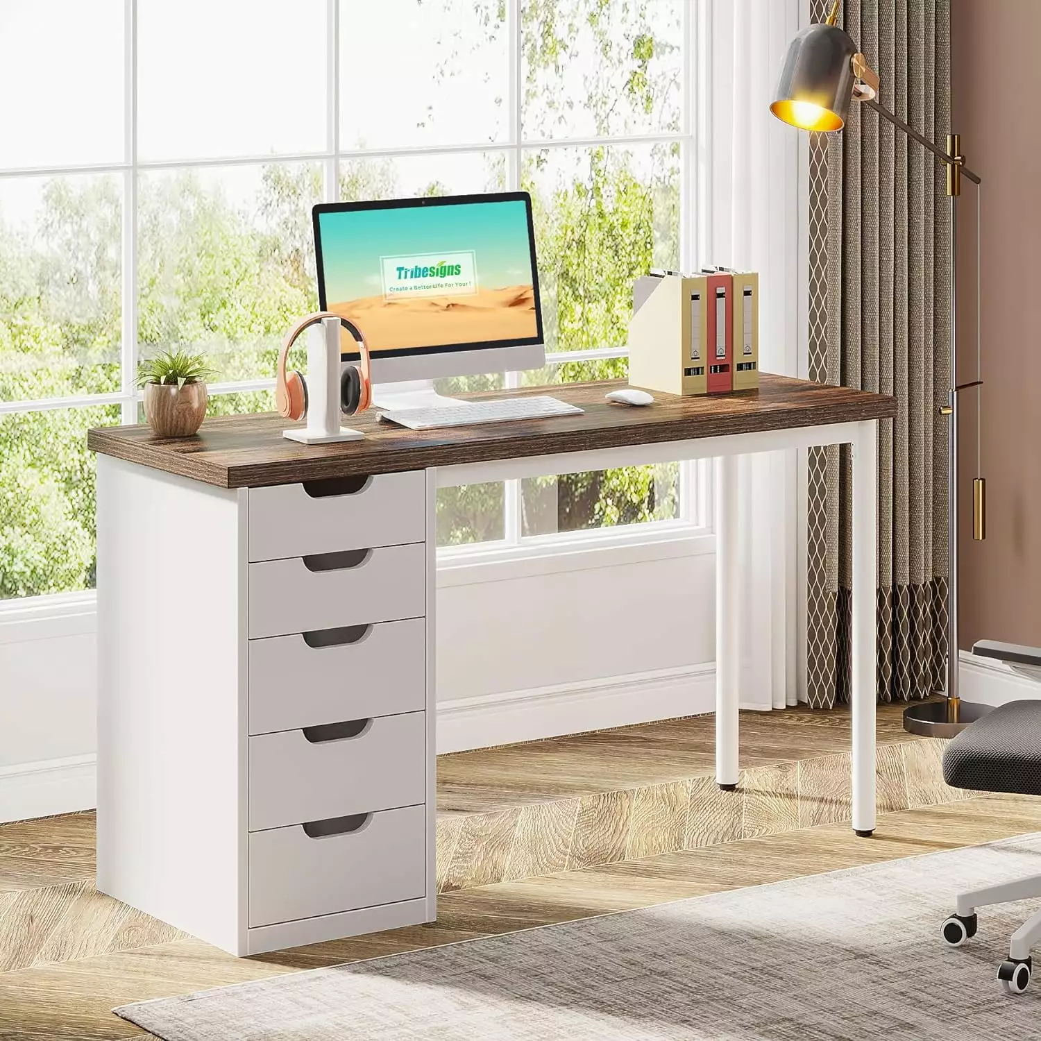 Tribesigns Modern Computer Desk 5 Drawers 47 Inch Brown Home Office Desk