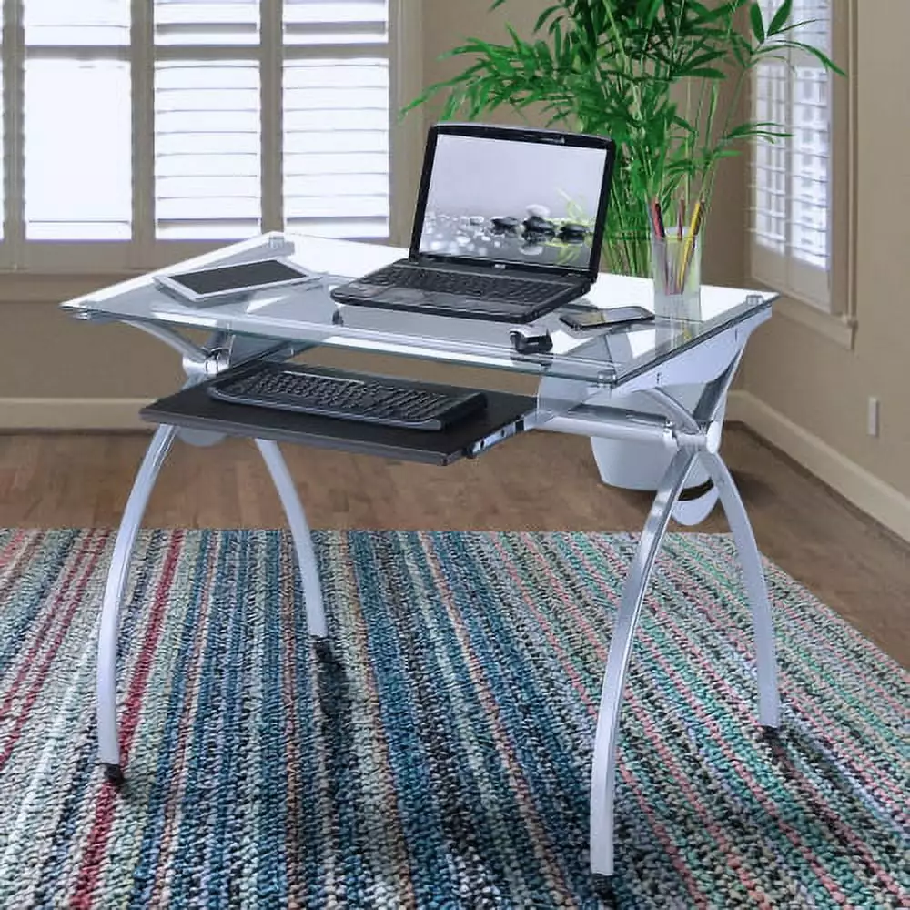 Modern Minimalist Computer Desk Keyboard Tray Metal and Glass Design Triple Tree
