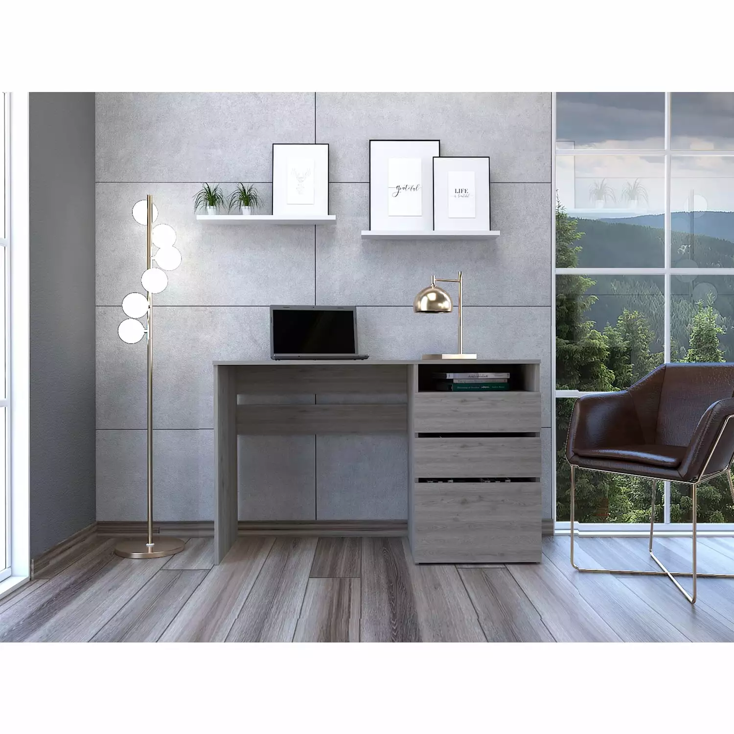 TUHOME Oslo Three Drawer Computer Desk Light Grey Home Office Desk
